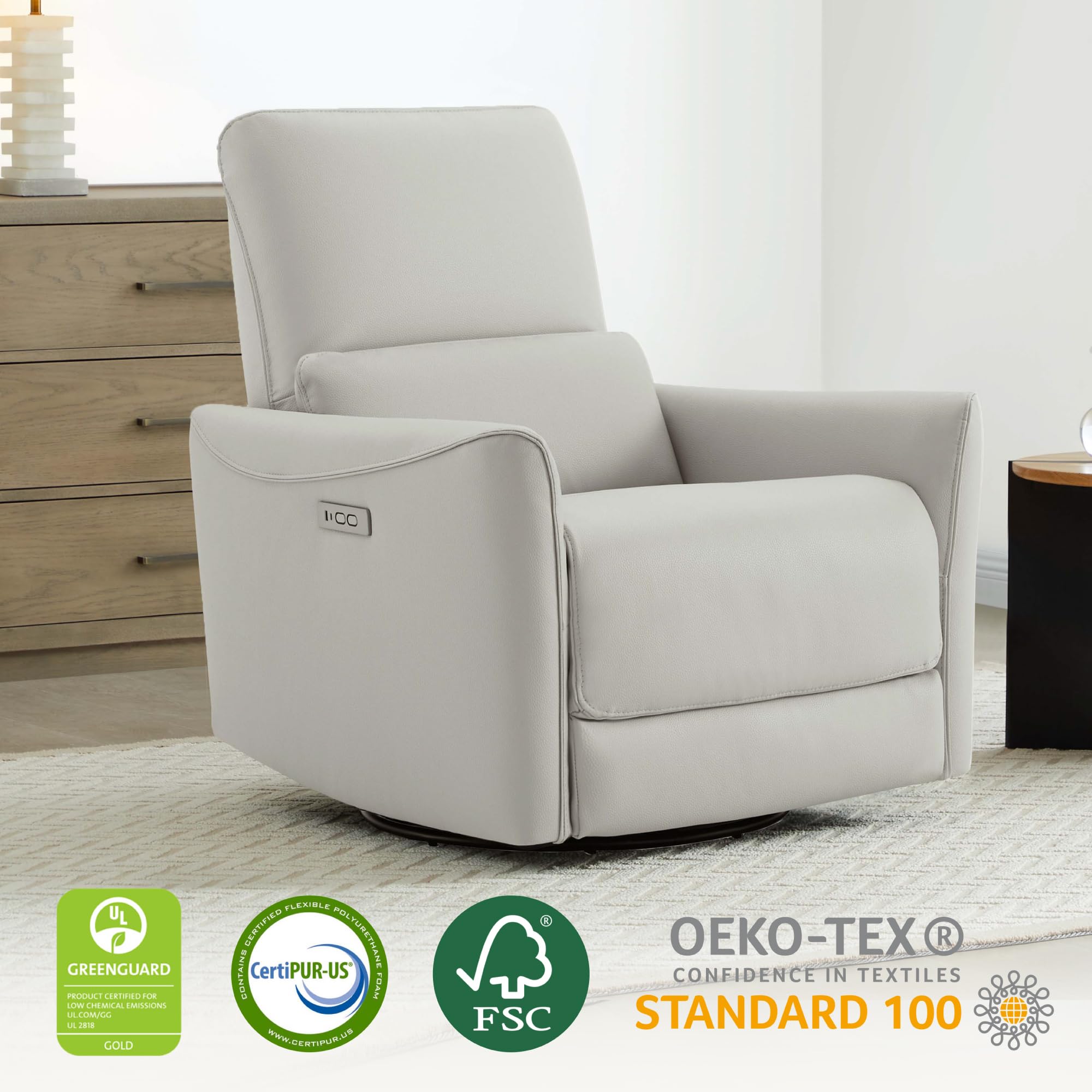 Power Recliner Chair Swivel Glider, FSC Certified Upholstered Faux Leather Living Room Nursery Reclining Sofa Chair with Lumbar Support, Cream