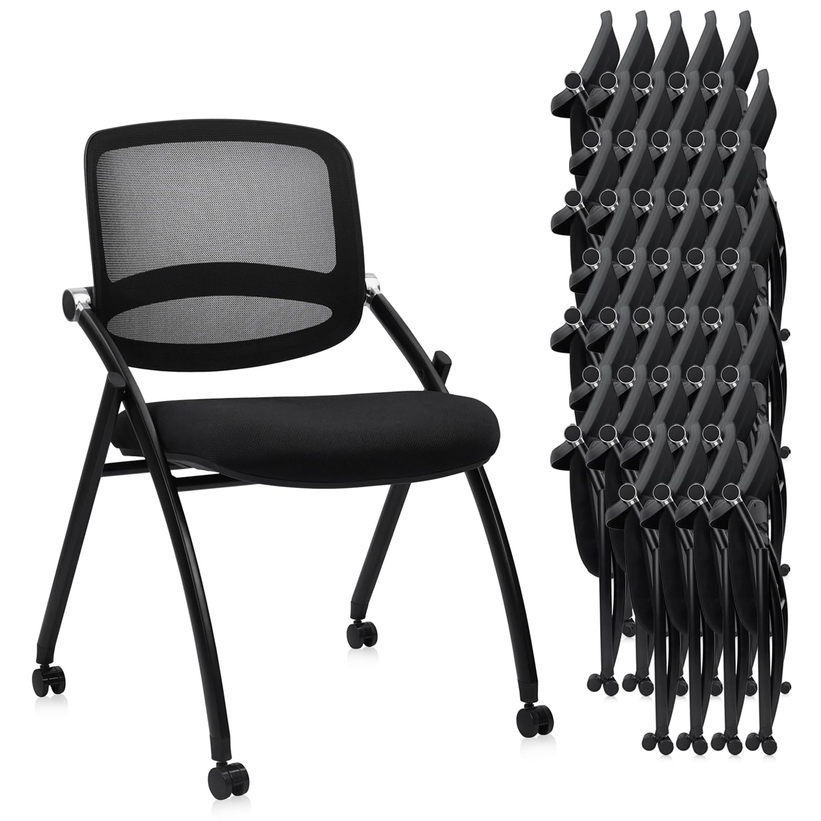 40 Pack, Stackable & Foldable Chairs with Wheels, Reception Guest Chairs with Lumbar Support, Ergonomic Curved Mesh Back Folding Chair for Office Schools Conference Waiting Room, Black