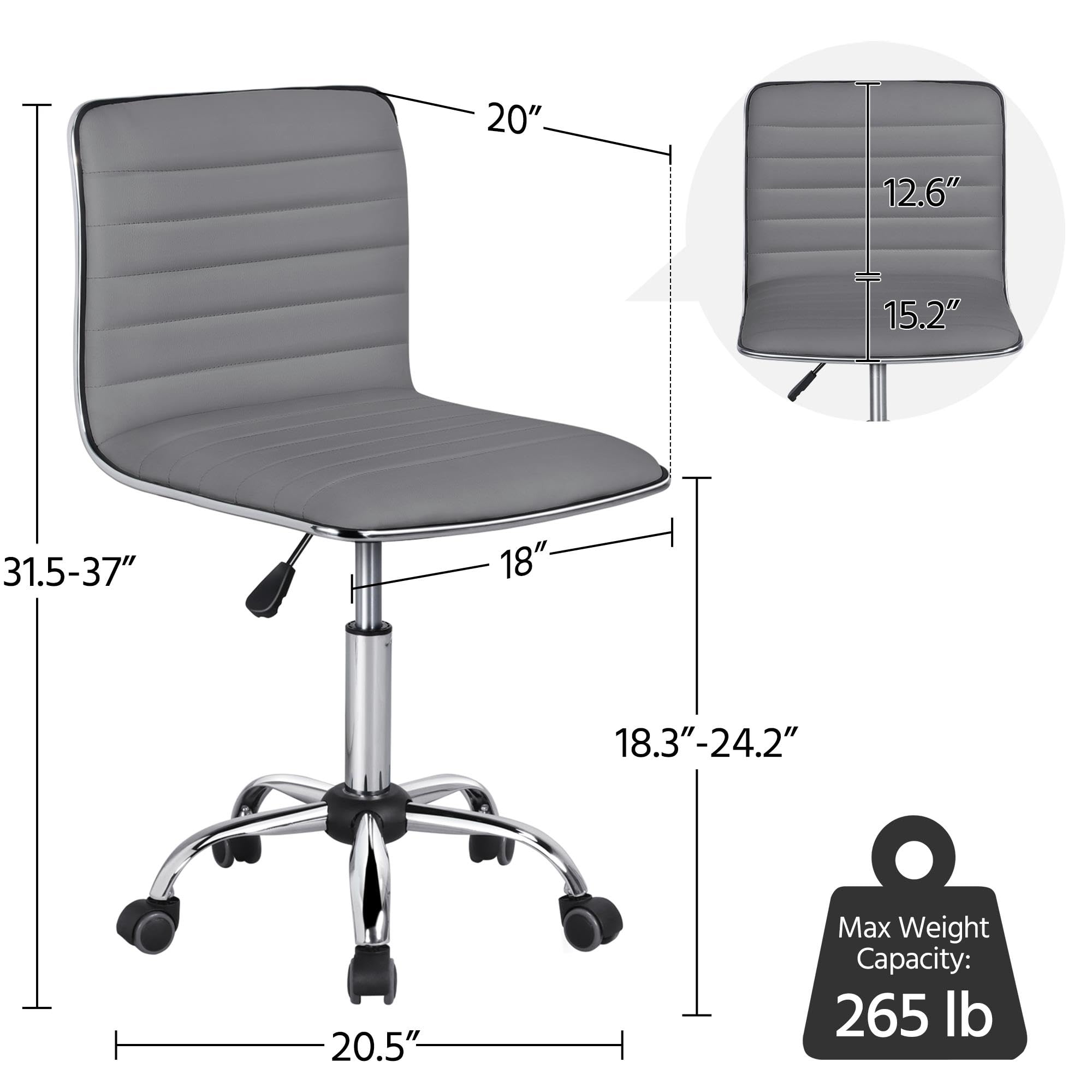 PU Leather Ribbed Armless Task Office Chair, Adjustable Low Back Executive Chair with Wheels Gray