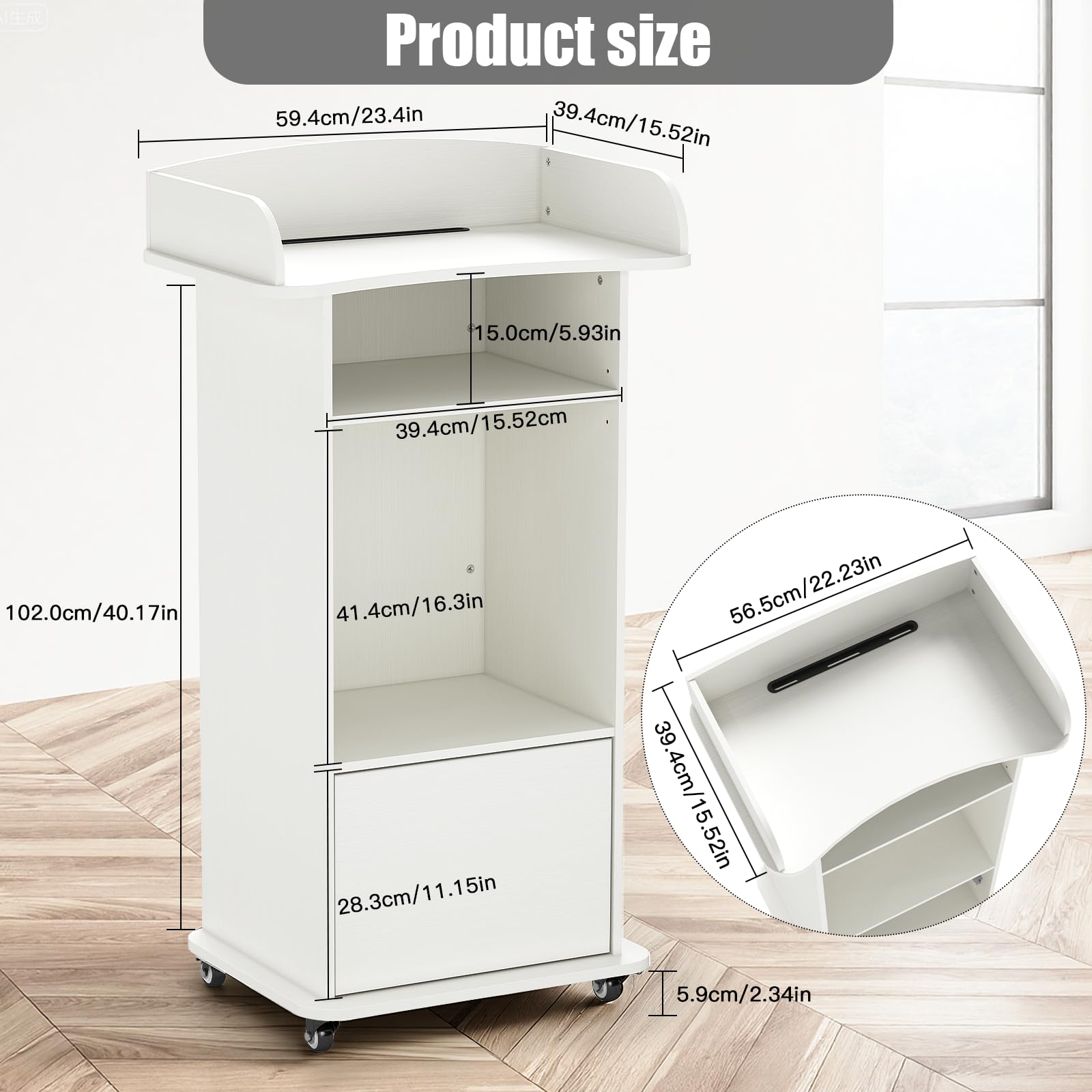 Podium Stand Portable with Wheels, Classroom Lectern for Teacher with Adjustable Storage Shelf, Mobile Rolling Church Pulpits, Office Wooden Reception Desk, Host Stand for School Conference（White）