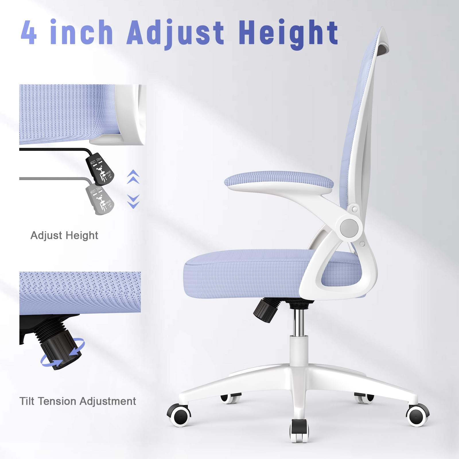Ergonomic Office Chair, Mid Back Desk Chair with Adjustable Height, Flip-Up Arms and Lumbar Support, Breathable Mesh Swivel Computer Chair for Home Study Working/Light Purple