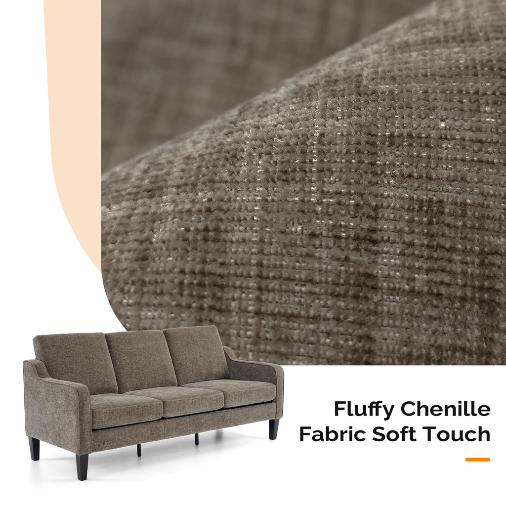 Brown 71" Small Sofa Mid Century Modern Couches 3 Seater Comfy Couch Upholstered Soft Chenille Floor Couch for Bedroom, Apartment, Office