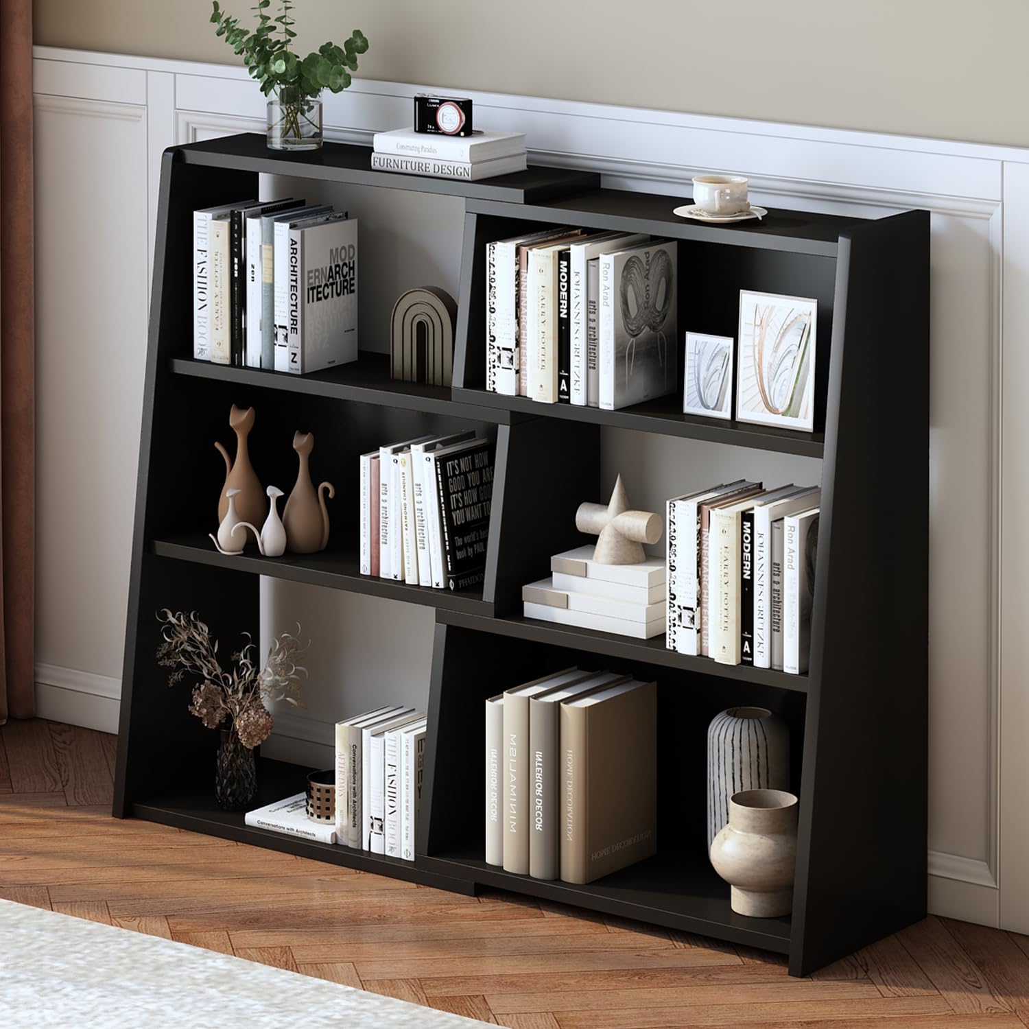 Wooden Extendable Shelf Bookcase, 3-Tier Low Bookshelf, Black, S