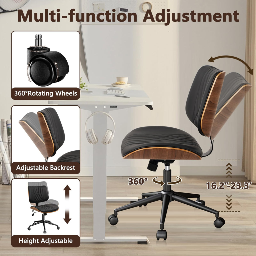 Armless Home Office Chair, Desk Chair with Wheels, Adjustable Height Reading Chair, Leather Mid Back & Swivel Computer Chair, Modern Walnut Chairs with Back for Study Meeting Room(Black) 2Pack