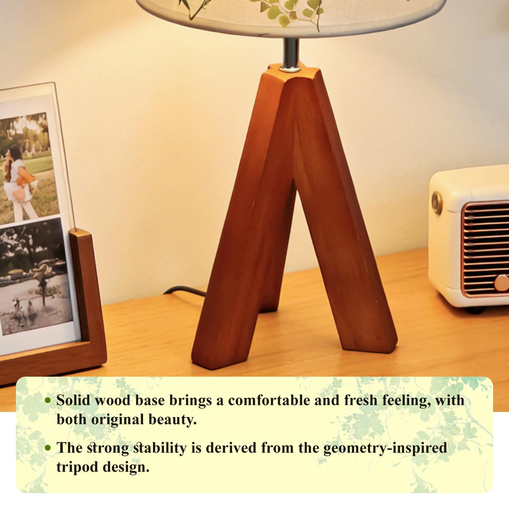 Dried Flowers Tripod Table Lamp 14.17in, 9W LED Dimmable Cute Bedside Lamp with Flowers Linen Lampshade for Nursery, Bedroom, Kid Room, Living Room, Light Brown Wooden Base