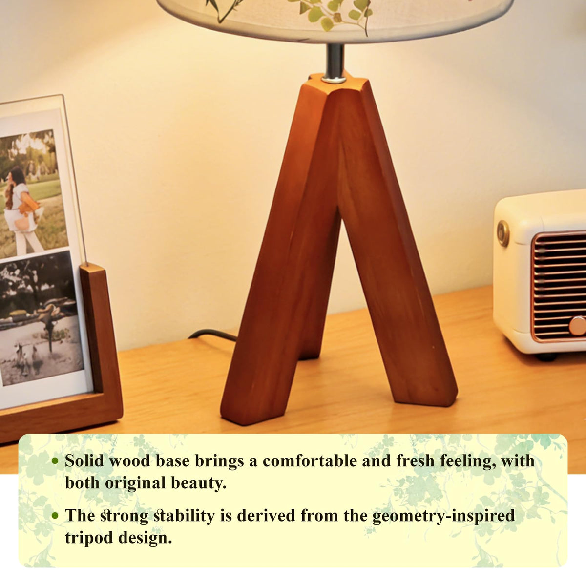Dried Flowers Tripod Table Lamp 14.17in, 9W LED Dimmable Cute Bedside Lamp with Flowers Linen Lampshade for Nursery, Bedroom, Kid Room, Living Room, Light Brown Wooden Base