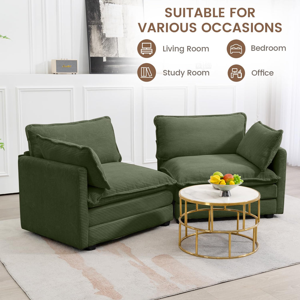 Sectional 2 Seat Cloud Loveseat with 2 Throw Pillows, Modern Corduroy Love Seat Sleeper Bed, Convertible Cozy Sofa for Living Room and Office, Green