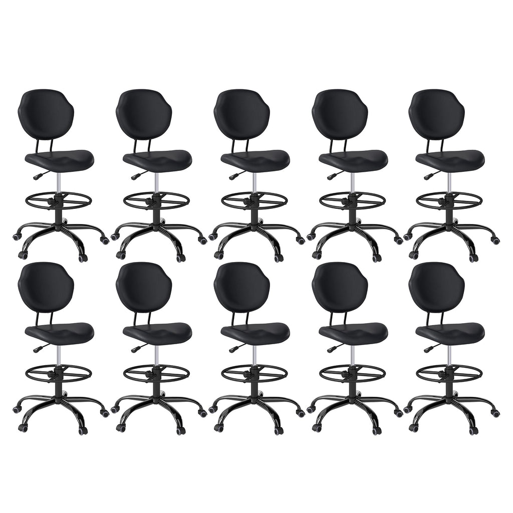 (Black, 10 Pack), Drafting Chair with Back Support, Tall/High Desk Rolling Stool, Faux Leather Office Chair with Height Adjustable for Standing Desk, Home Office, Bar, Workbench & Kitchen