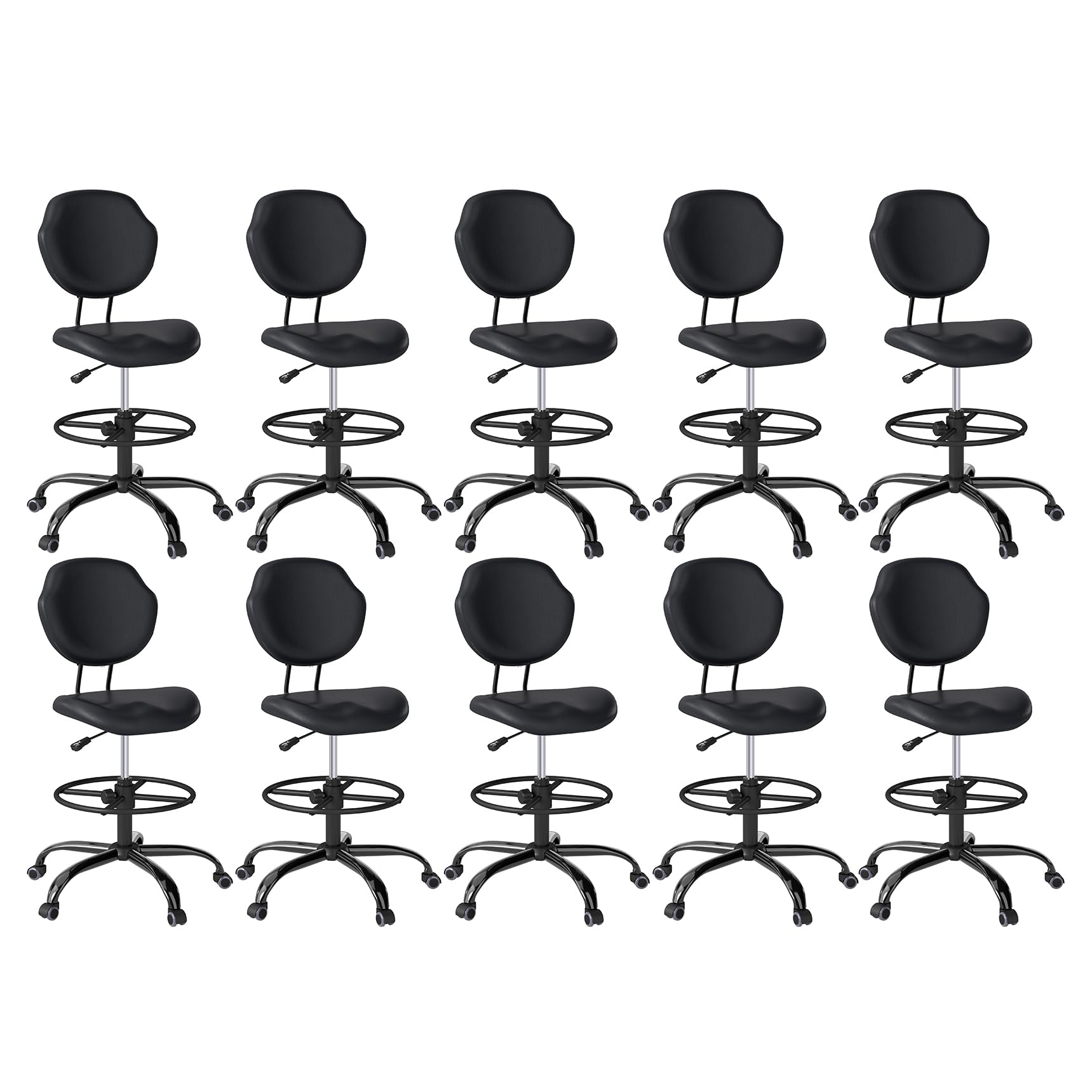 (Black, 10 Pack), Drafting Chair with Back Support, Tall/High Desk Rolling Stool, Faux Leather Office Chair with Height Adjustable for Standing Desk, Home Office, Bar, Workbench & Kitchen
