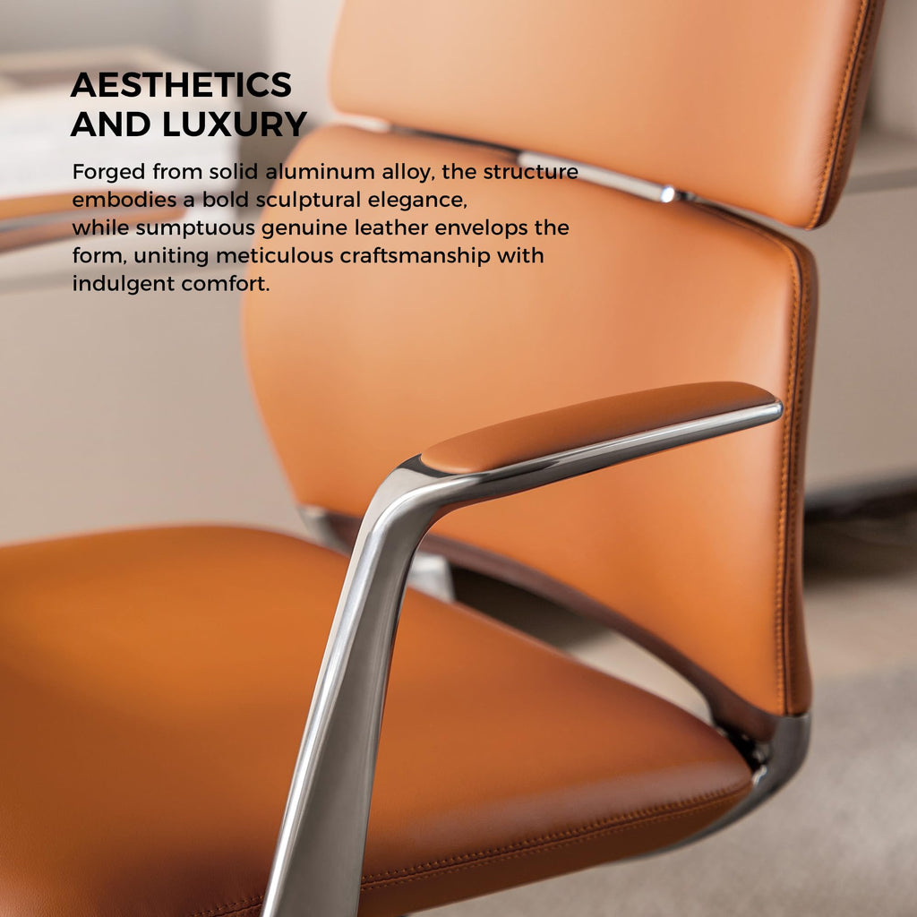 Genuine Leather Office Desk Chair with Wheels, Ergonomic Leather Executive Chair, Mid Back, Swivel Base with Adjustable Tilt, Modern Style, Luxury Aluminum Frame (Orange)