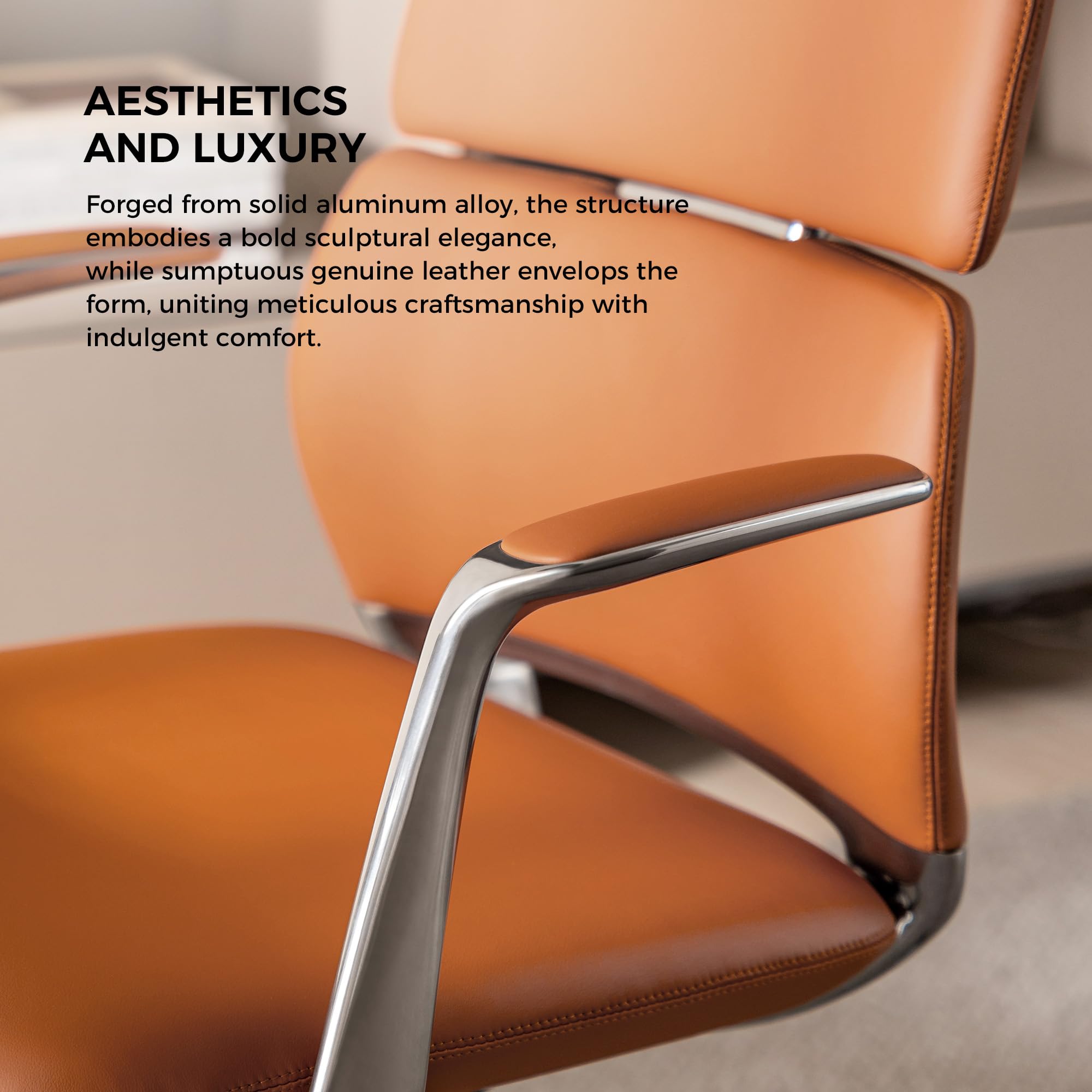 Genuine Leather Office Desk Chair with Wheels, Ergonomic Leather Executive Chair, Mid Back, Swivel Base with Adjustable Tilt, Modern Style, Luxury Aluminum Frame (Orange)