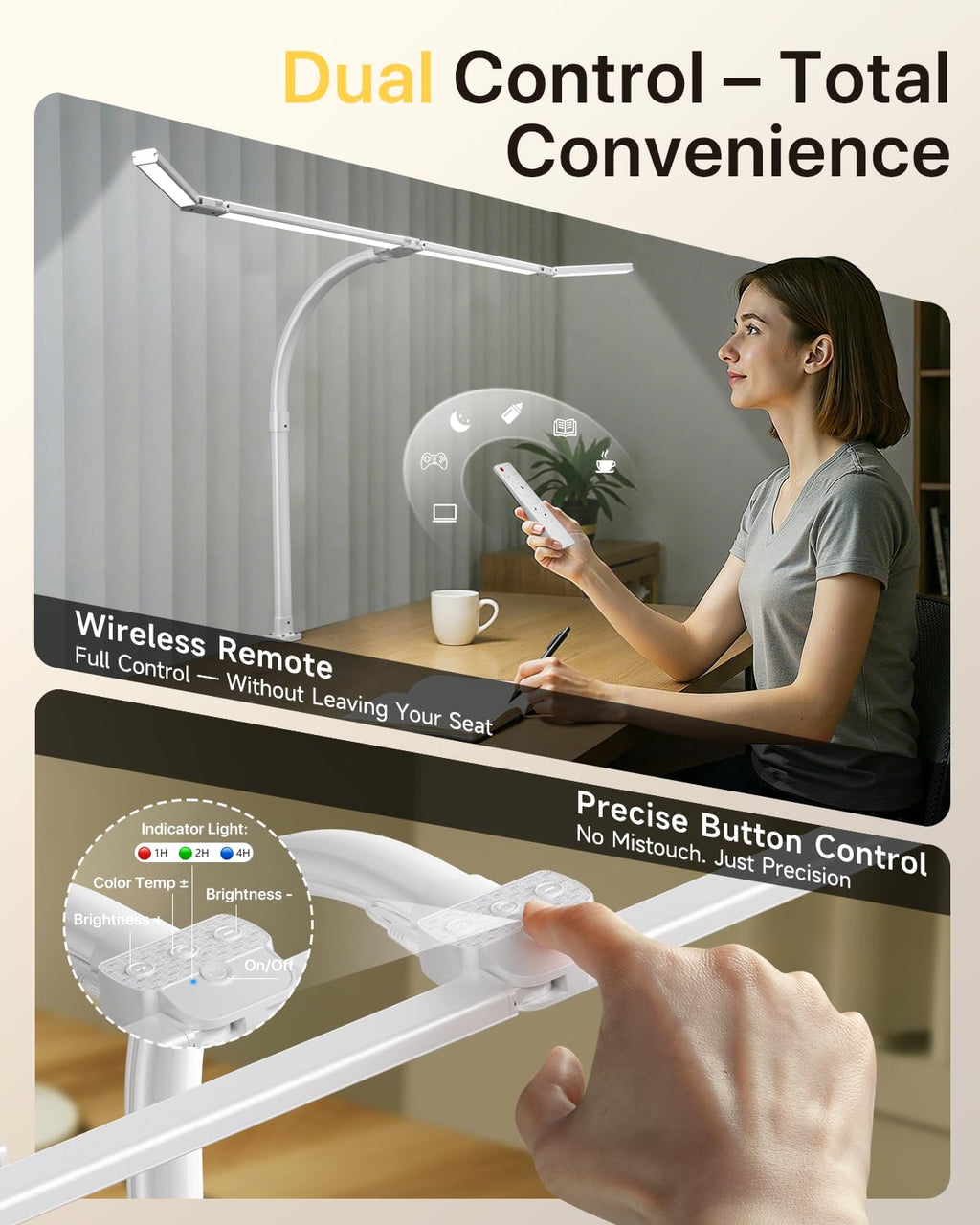 42" LED Desk Lamp with Clamp, Architect Desk Light with Remote, Adjustable 4-Segment Bar, 1800LM Bright, Eye-Caring Desk Lamp for Home Office, Reading, Study, Dual Monitors, Workbench (White)