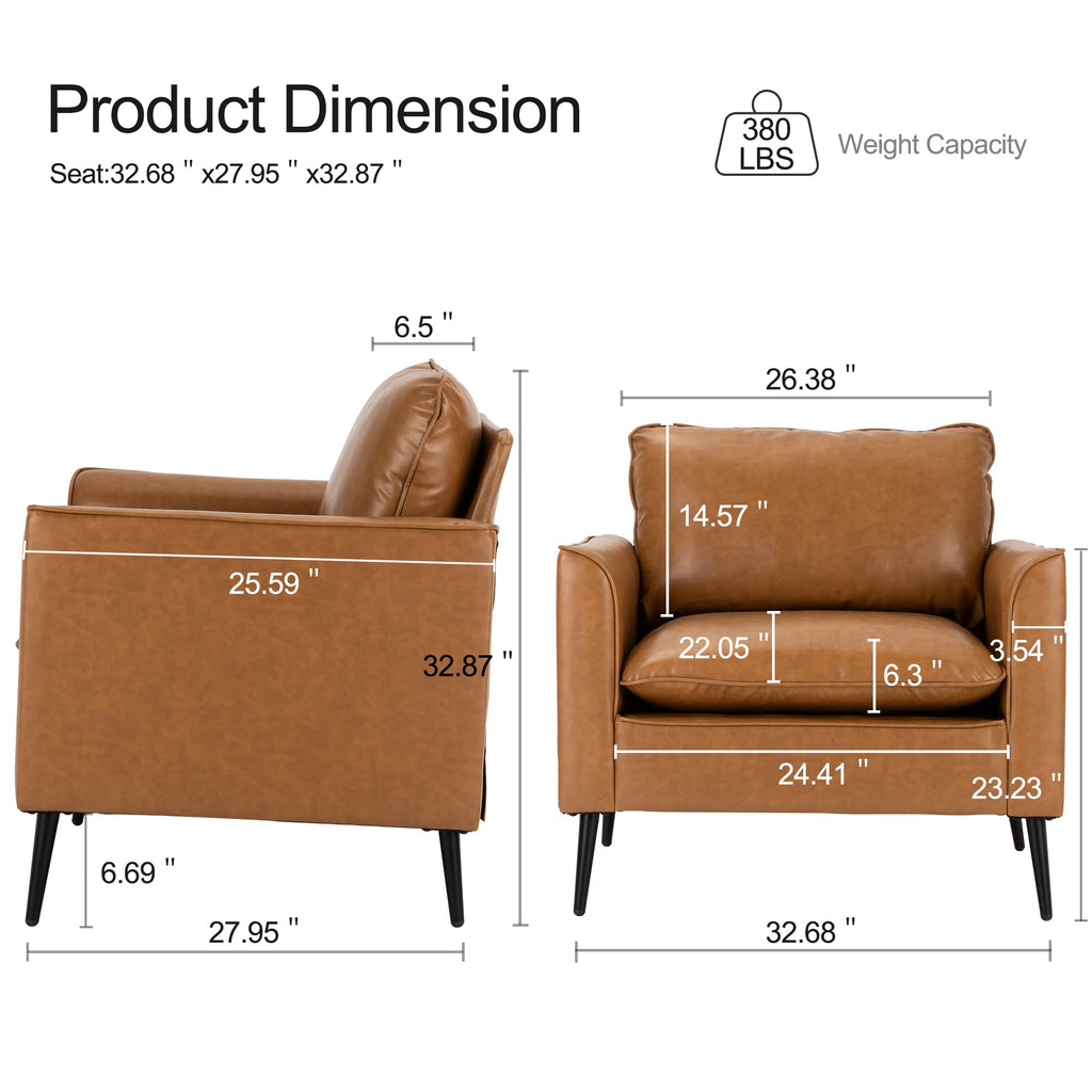 Oversized Upholstered Accent Chair, Modern Brown Leather Single Sofa for Bedroom or Living Room, Mid-Century Comfy Reading Armchair for Lounge or Waiting Area