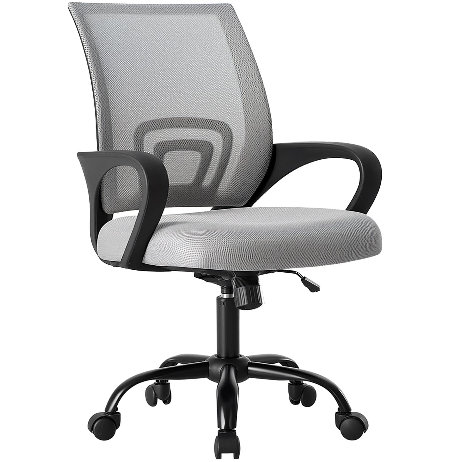 Office Desk Chair - Ergonomic Mid Back with Lumbar Support & Rocking Mode, Height Adjustable with Fixed Armrest, Storage Back for Computer, Gaming, Conference, Meeting Room, 360° Swivel, Grey
