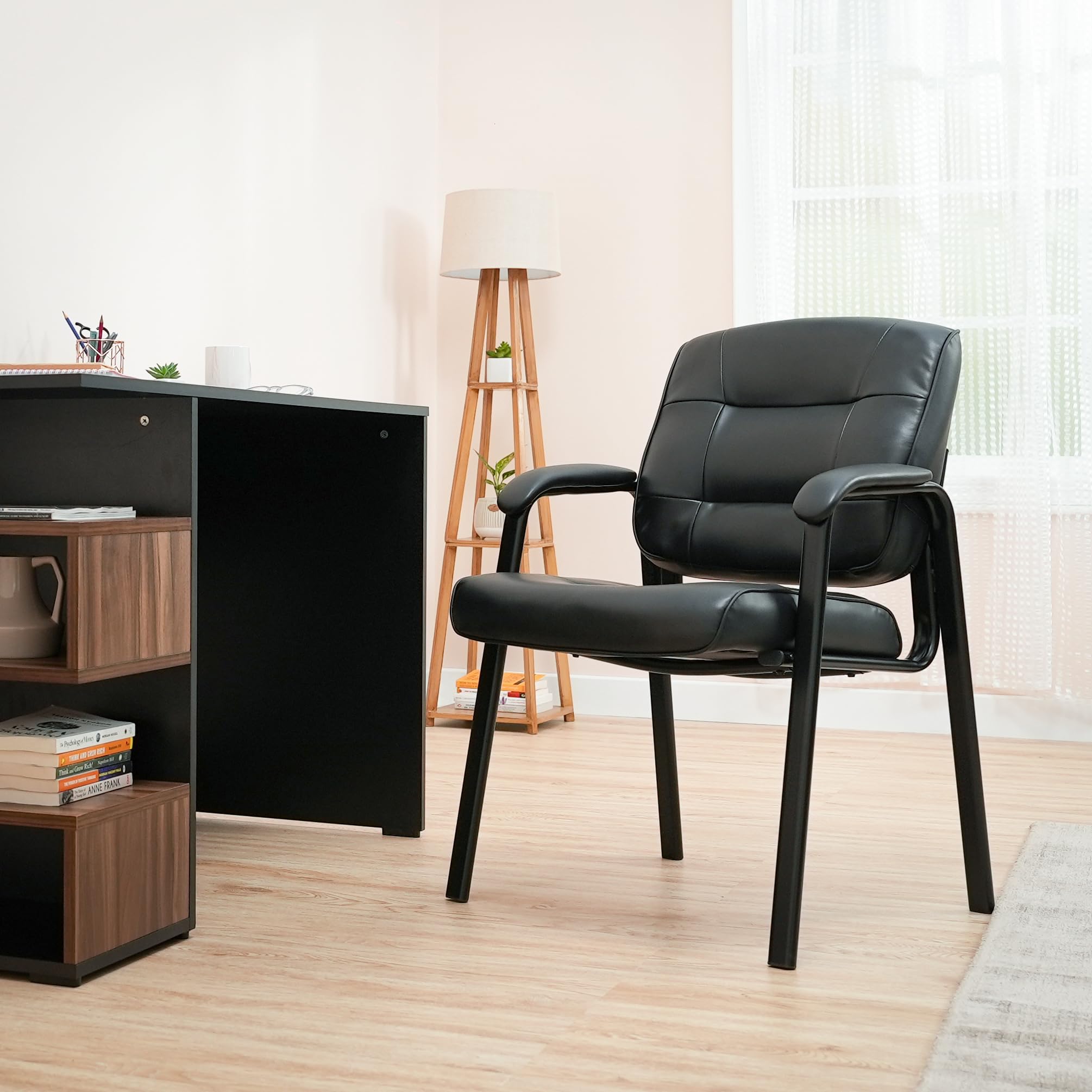 Classic Faux Leather Office Desk Chair with Armrests, Metal Frame, Black, 27.4D x 23.6W x 35.8H in