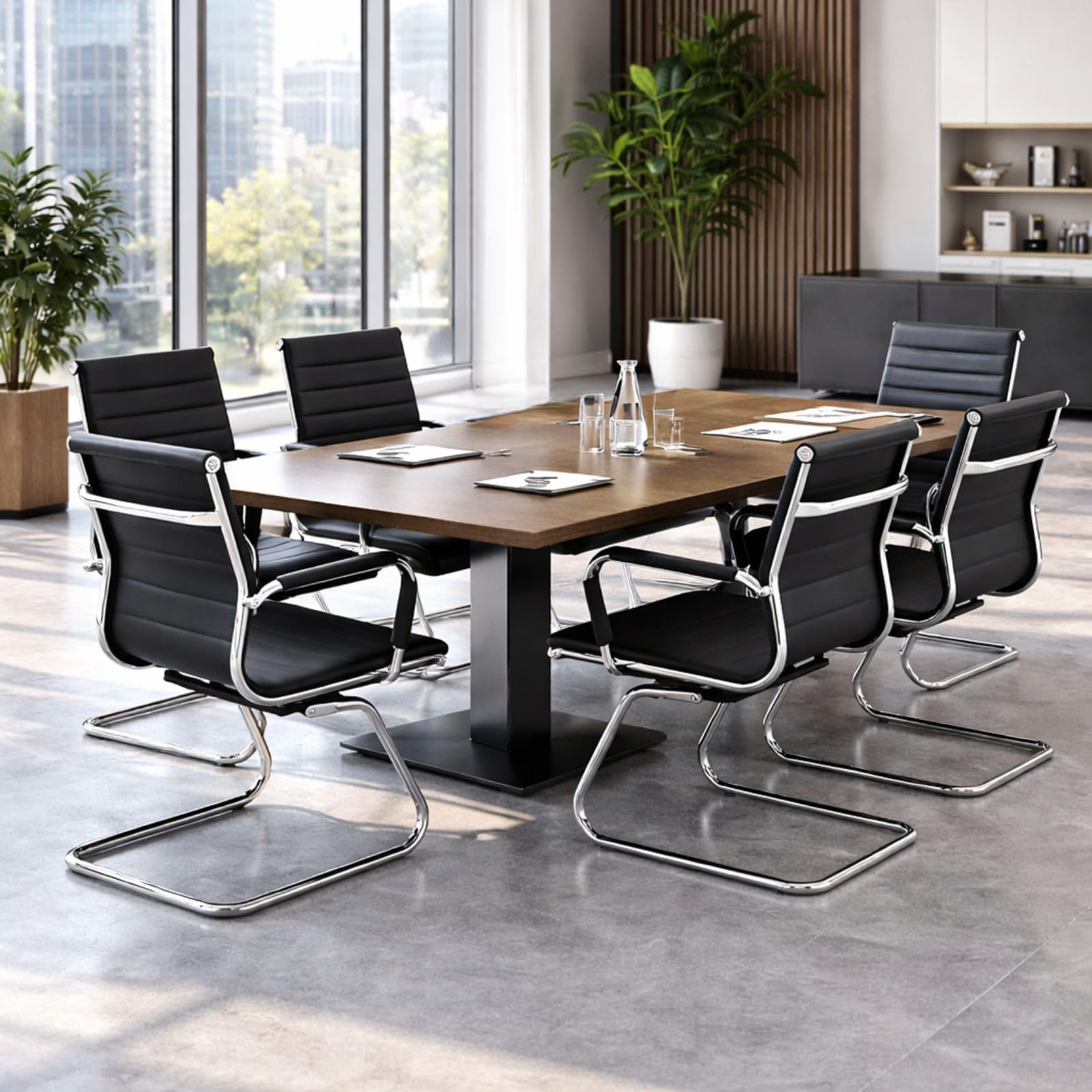 Conference Room Chairs Set of 4, Waiting Room Chairs with Arms, Faux Leather Reception Chairs No Wheels, Office Guest Chairs with Mid Back Support and Chrome Sled Base, Black