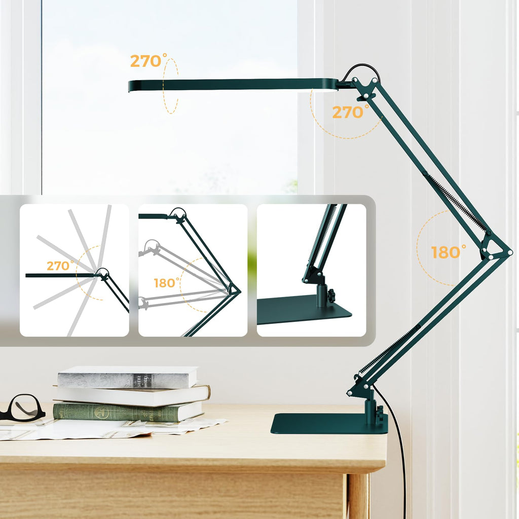 LED Desk Lamp with Slim Base - Adjustable Swing Arm Desk Light, Dimmable, Timer, Eye Protection, Memory Function, 1300LM, 12W, Green