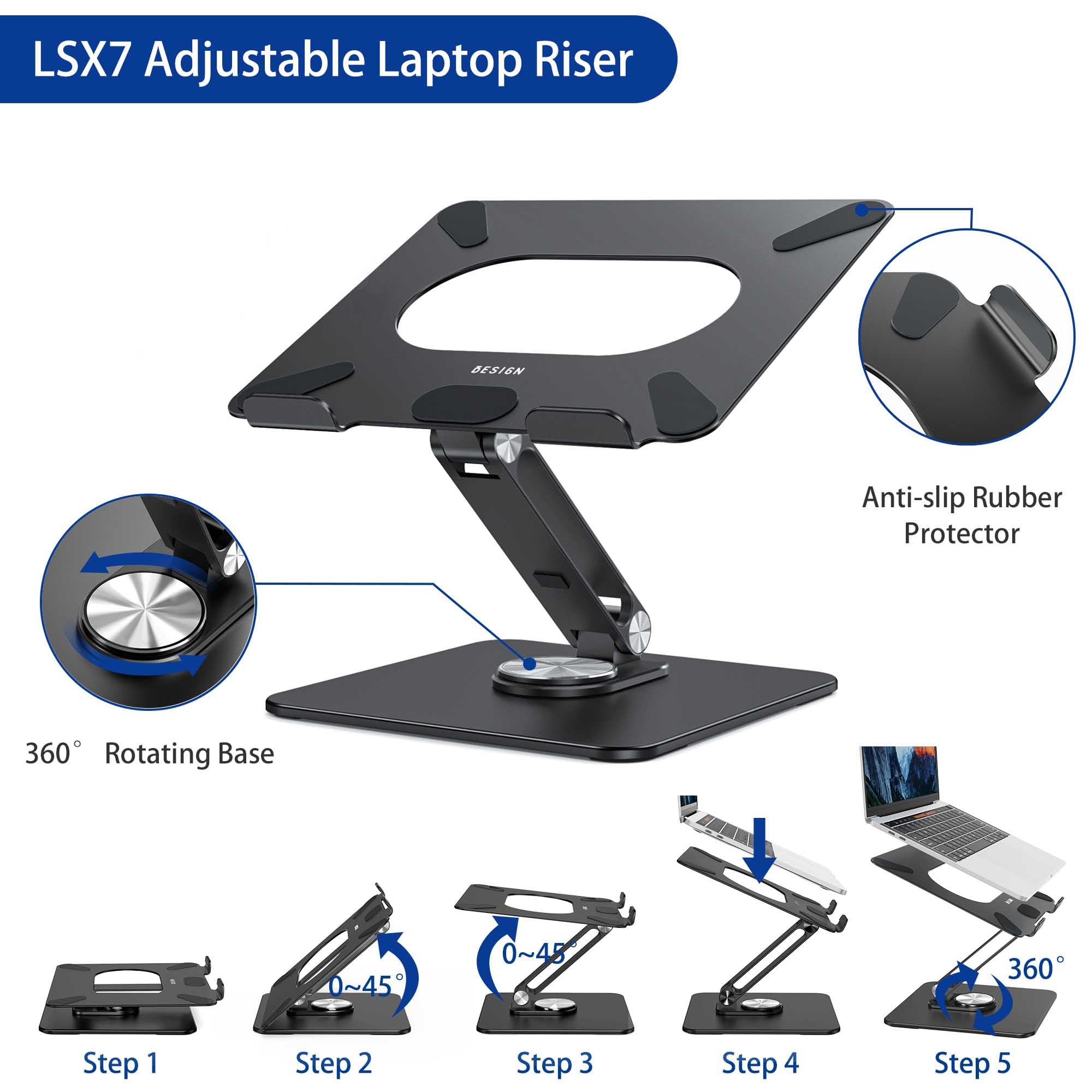 Laptop Stand with 360 Rotating Base, Ergonomic Adjustable Notebook Riser, Foldable Computer Holder Compatible with 10-15.6" Laptops (Black)