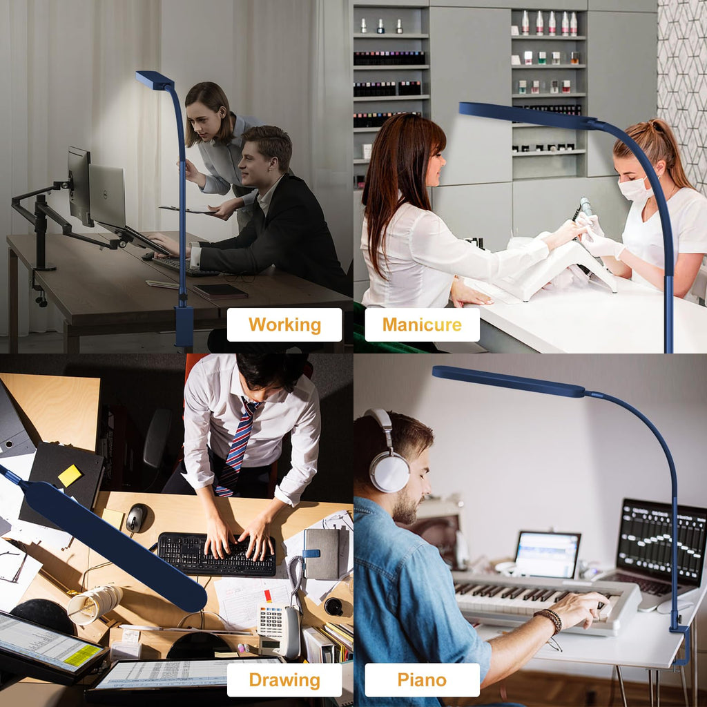 LED Desk Lamp - Desk Light for Office - Flexible Gooseneck - 5 Color Modes X 11 Brightness Levels - 1300LM - Timmer & Memory Function - 12W Clip on Light - Blue