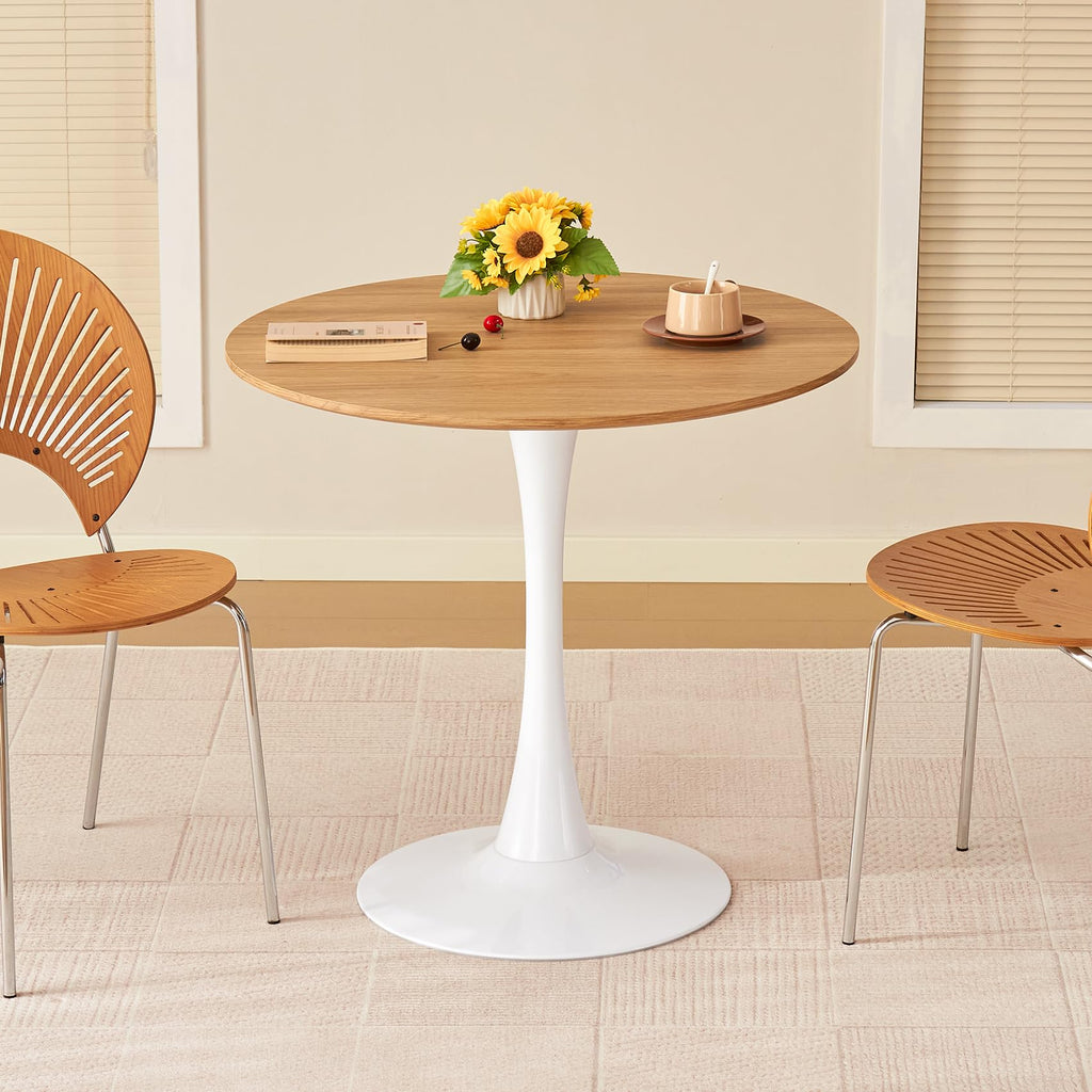 Hansweld Round Dining Table, 31.5" Circle Tulip Table with Thickened Tabletop & Metal Pedestal, Mid Century Modern Bistro Table for Kitchen, Small Places, Living Room, Cafe (Faux Oak)