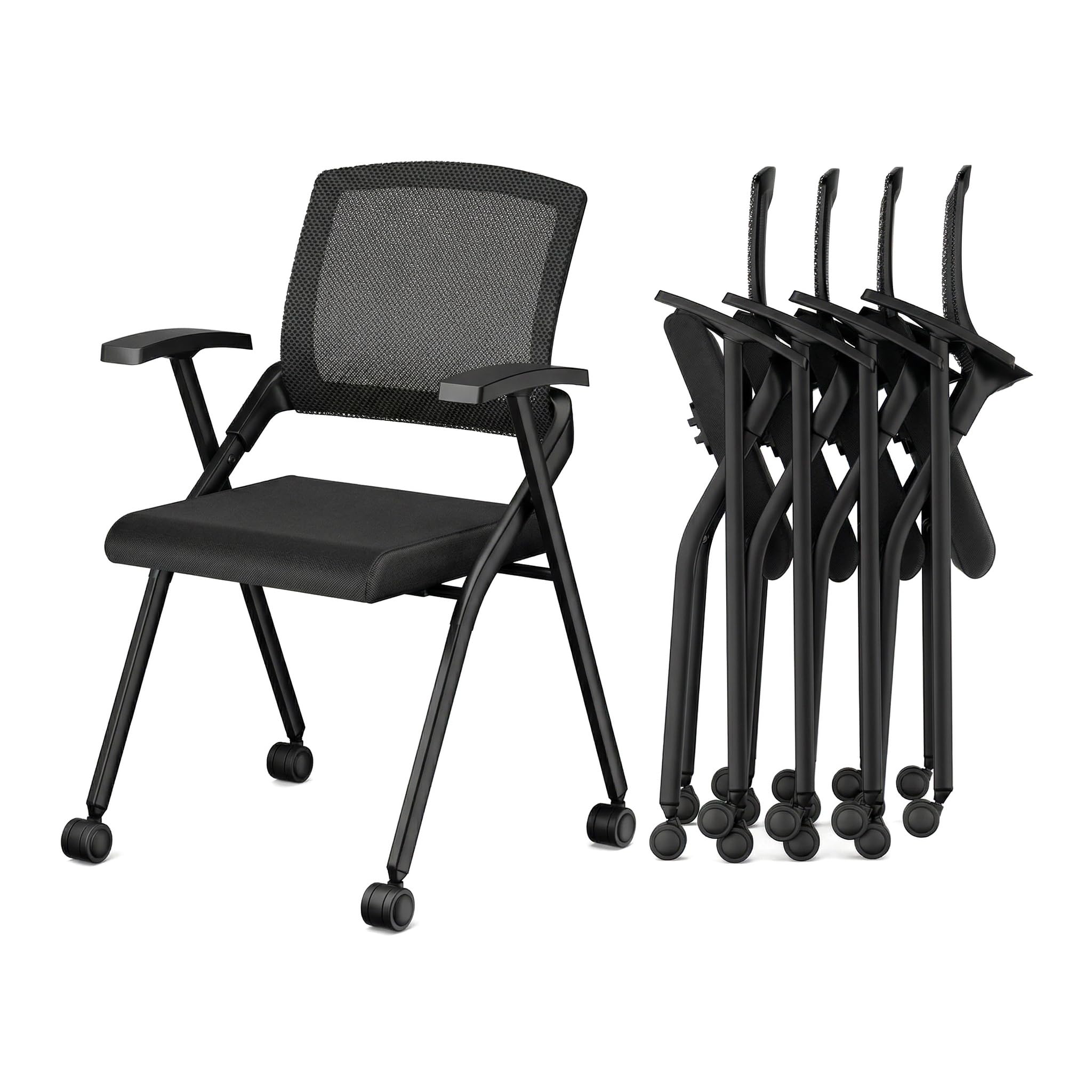 40 PK, Folding Office Chair with Wheels - Mobile Mesh Back Conference Room Chair with Padded Seat, Foldable & Stackable for Meeting Room, Training, Seminar,Classroom School & Office - Black