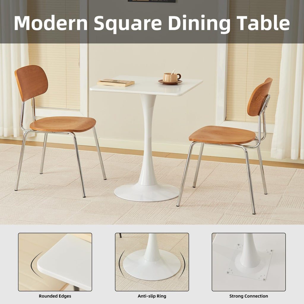 Hansweld Square Dining Table, 24" Tulip Table with Thickened Tabletop & Metal Pedestal, Mid Century Modern Bistro Table for Kitchen, Small Places, Living Room, Cafe (White)