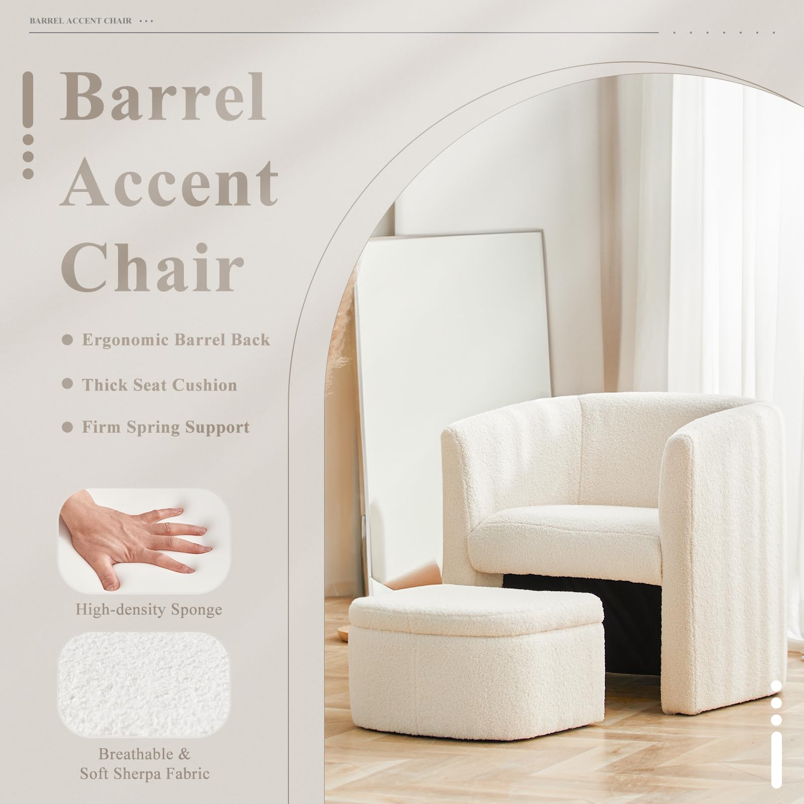 Upholstered Sherpa Barrel Accent Chair with Storage Ottoman, Morden Living Room Side Chair, Single Sofa Armchair with Lounge Seat for Bedroom/Office/Reading Spaces, Cream