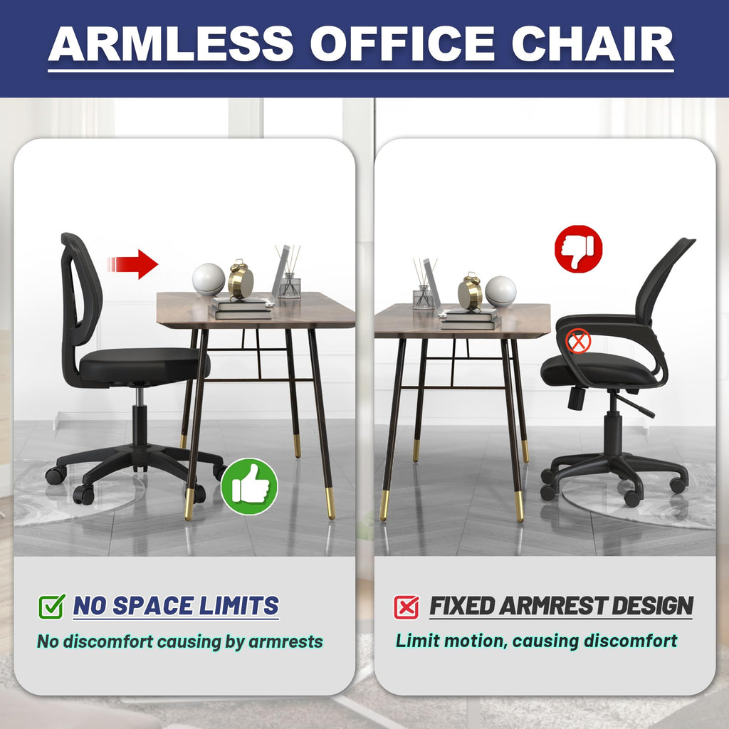 Armless Office Desk Chair No Arms with Back Support Rolling Wheels for Home Study office Work