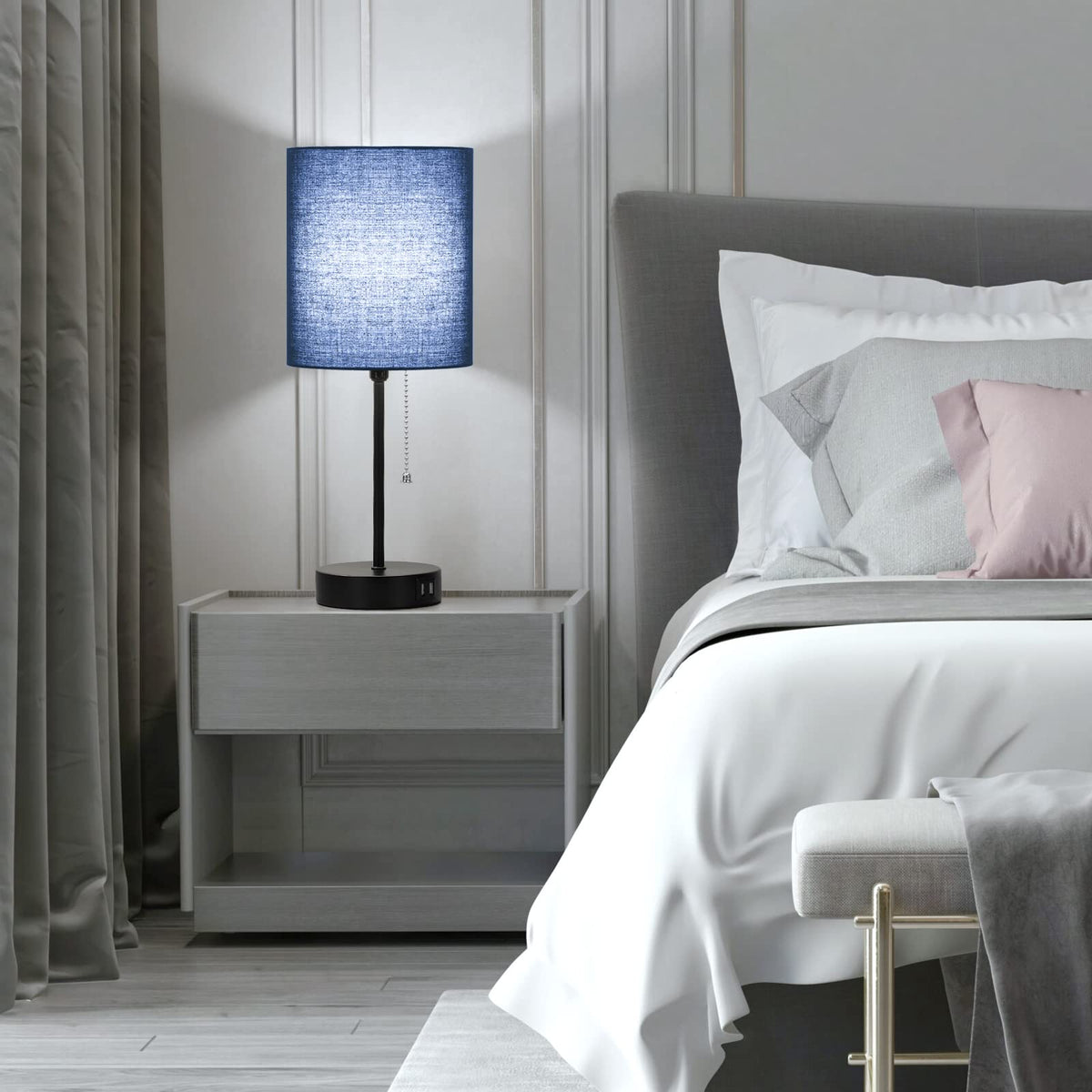 Bedside Table Lamps Set of 2 with USB Charging Ports and AC Outlet, Blue