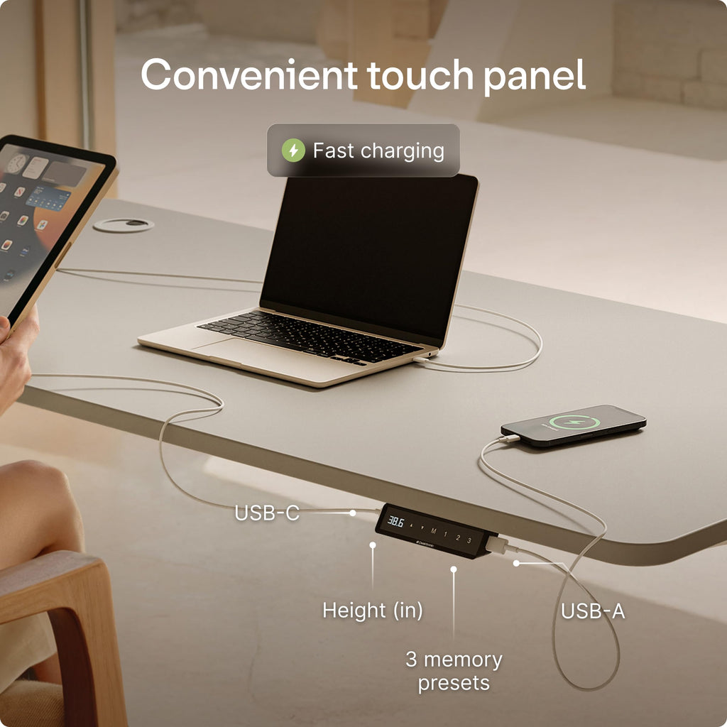 Standing Desk 54x28 — Made in Europe, Ergonomic Sit Stand Home Office Desk, Electric Height Adjustable, Dual Motor, USB & USB-C Charging, Wobble-Free, Touchscreen, 3 Memory Presets