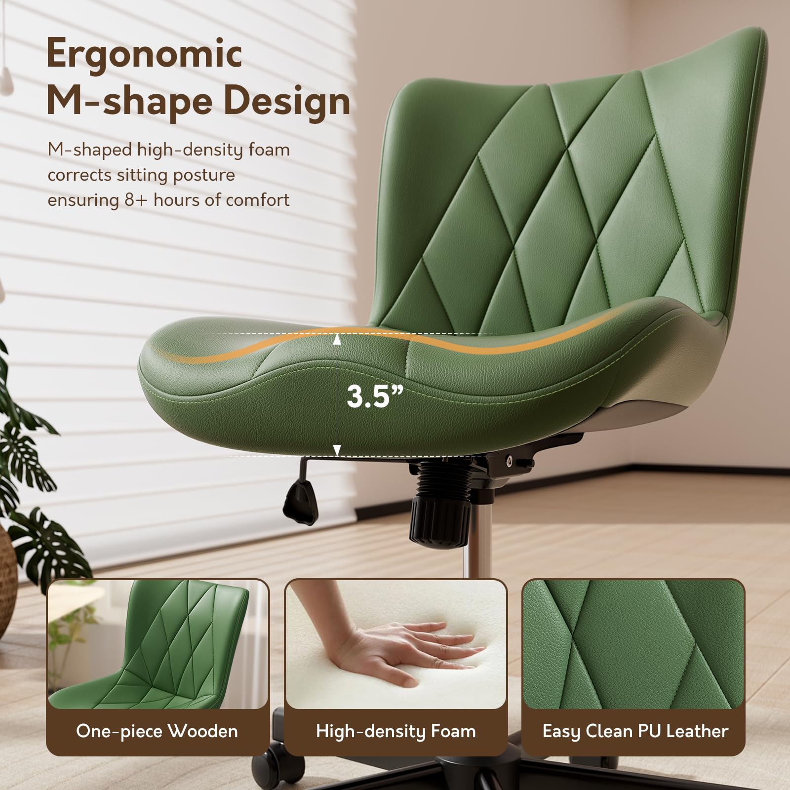 Armless Desk Chair, Morden Home Office Chair no Arms, Adjustable Height & Rocking Computer Chair, PU Leather Vanity Chair, Ergonomic Seat Soft Padded Desk Chairs for Home Small Space, Green