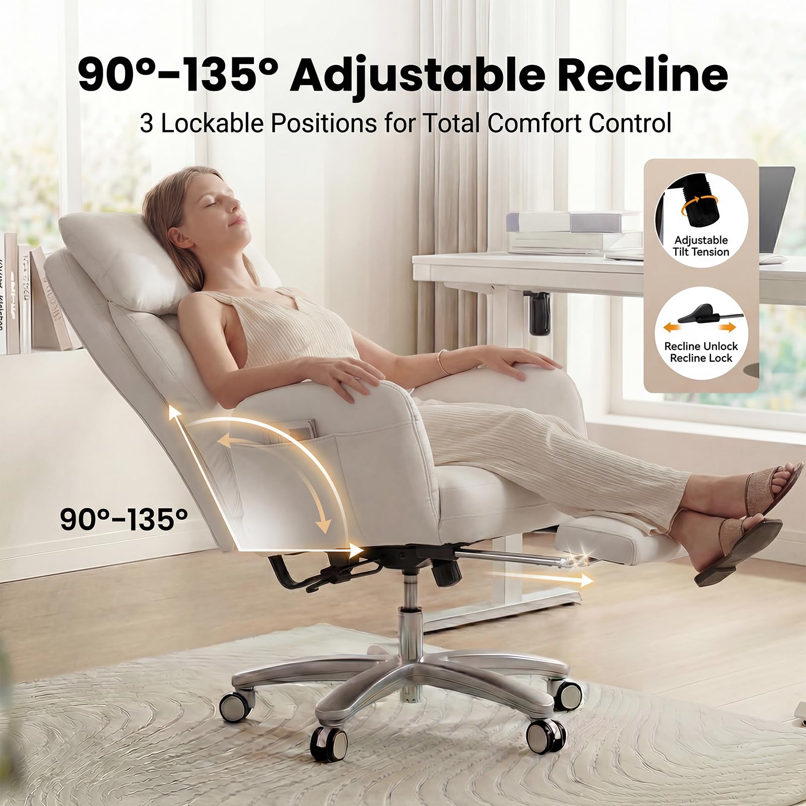 Cross Legged Office Chair with Pets Friendly Seat, Plus Size Criss Cross Desk Chair, Big and Tall Office Chair with Foot Rest, Reversible Armrests & Wide Seat, Cream White