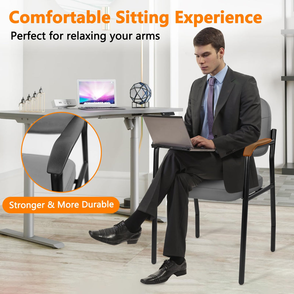 Leather Guest Chair Sets of 6, Office Reception Chair No Wheels with Armrests and Lumber Support, Ergonomic Desk Armchair for Meeting Waiting Conference Lobby Room, Grey