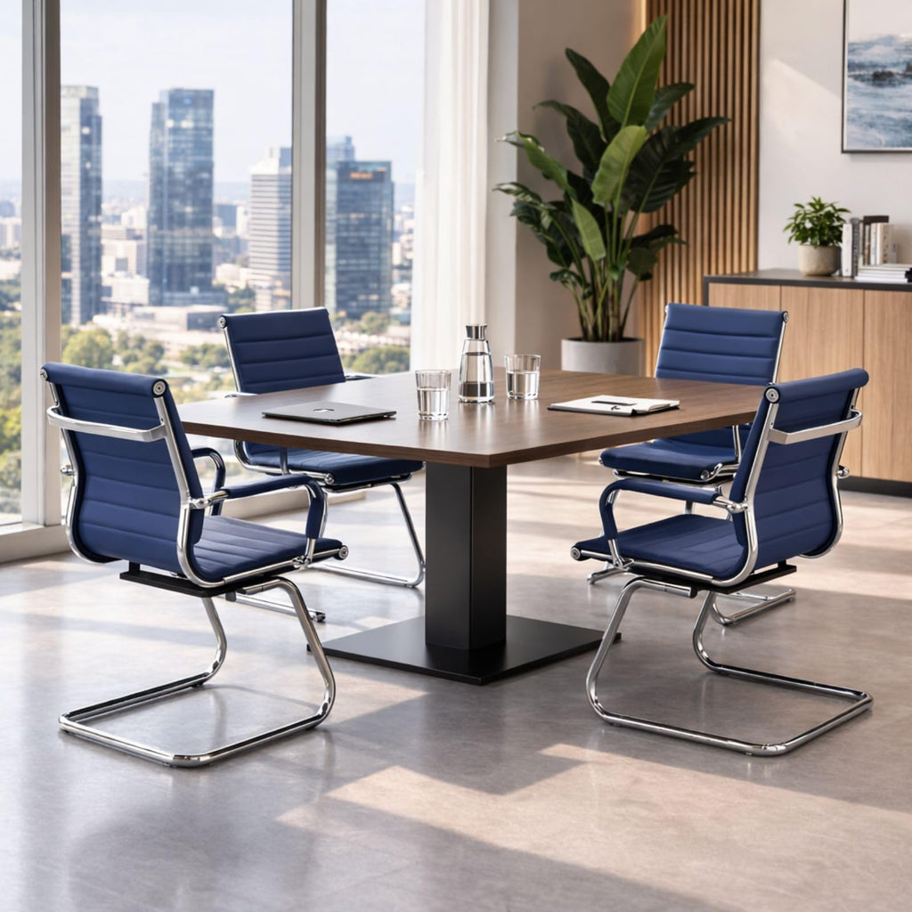 Conference Room Chairs Set of 4, Office Guest Chair with Armrests, Faux Leather Upholstery & Metal Sled Base, Comfortable Meeting Room Chairs for Office/Reception/Conference, Navy Blue