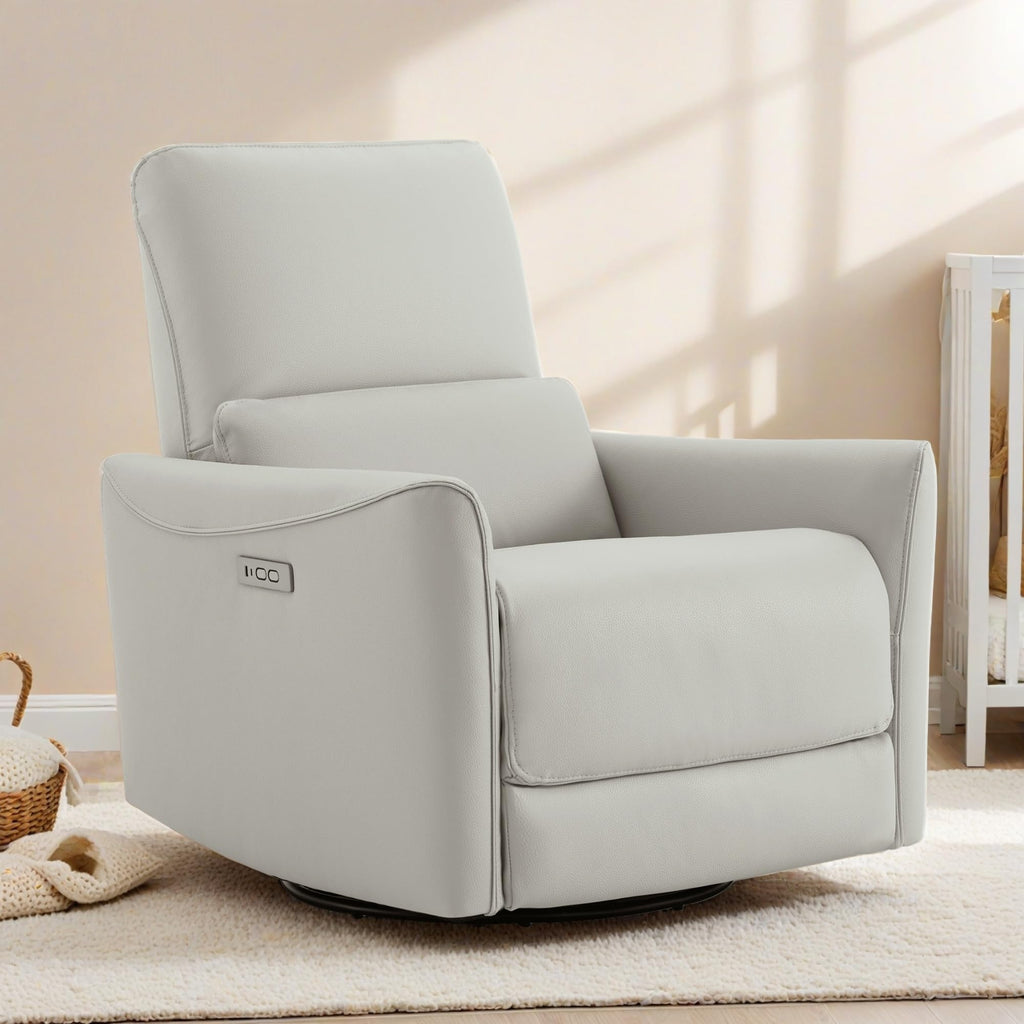 Power Recliner Chair Swivel Glider, FSC Certified Upholstered Faux Leather Living Room Nursery Reclining Sofa Chair with Lumbar Support, Cream