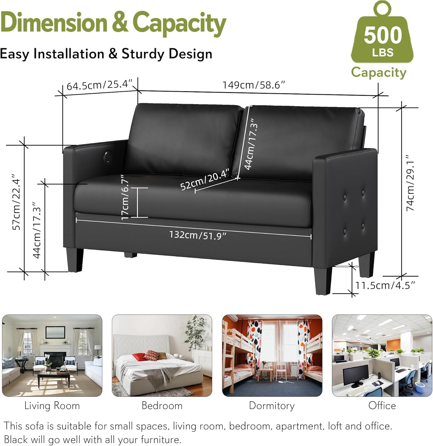 59” Black Faux Leather Sofa Couch, Modern Comfy Office 2 Seater Couch Loveseat with USB & Tufted Armrest, Small Love Seat Couches for Living Room, Bedroom, Apartment