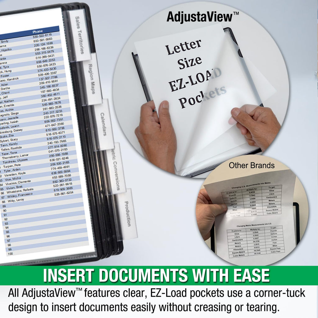 Adjustable View 10-Pocket Desk Reference Organizer with Supplies Storage Base and EZ-LOAD Pockets to Hold 20 Sheets of Paper, Includes Fast Find Indexing Tabs, Black Pockets