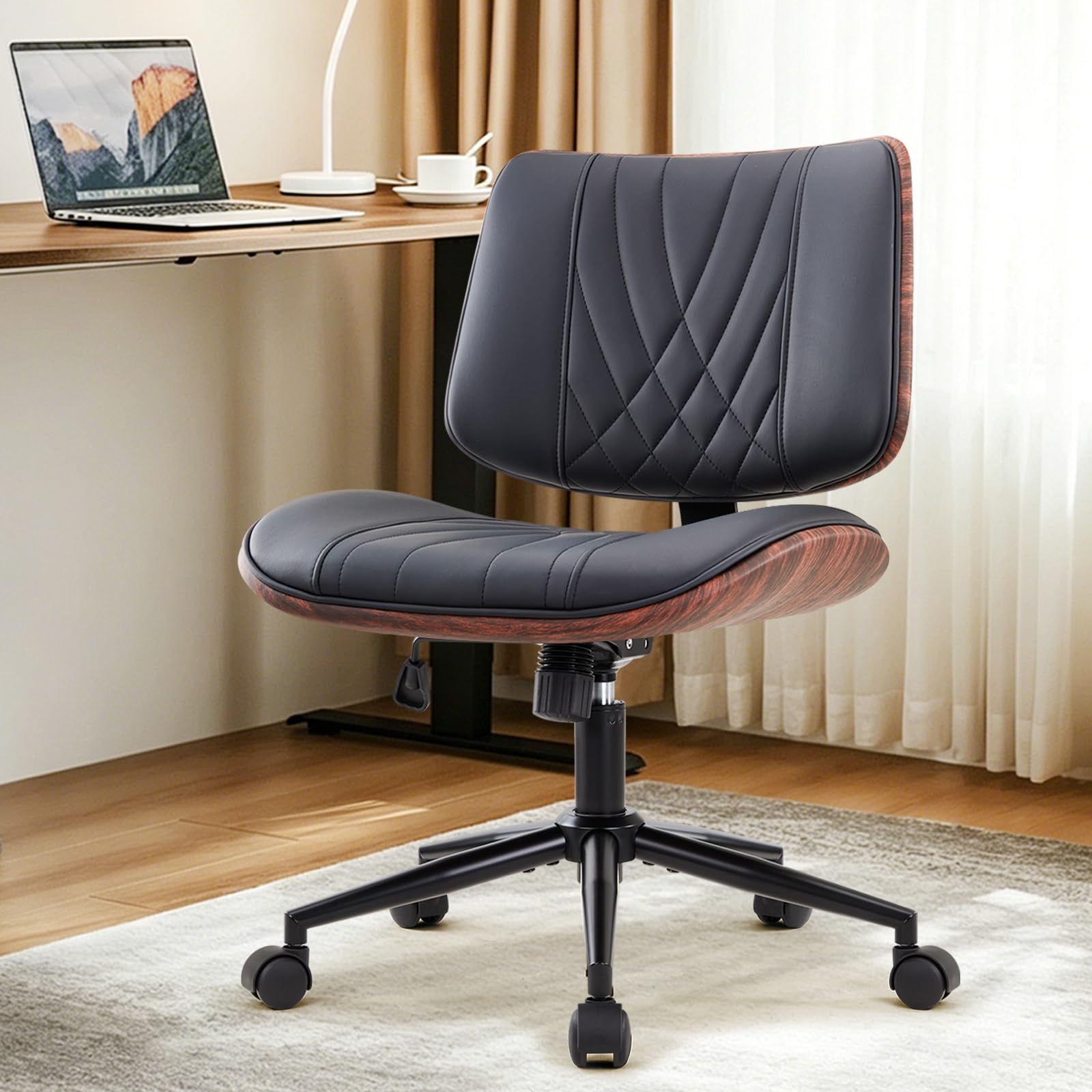 Office Chair Swivel Desk Chair with Wheel Small Computer Chair Armless Task Chair Modern Walnut PU Leather Backrest Rocking Function Adjustable Height, Study Reading Meeting Room (Black)