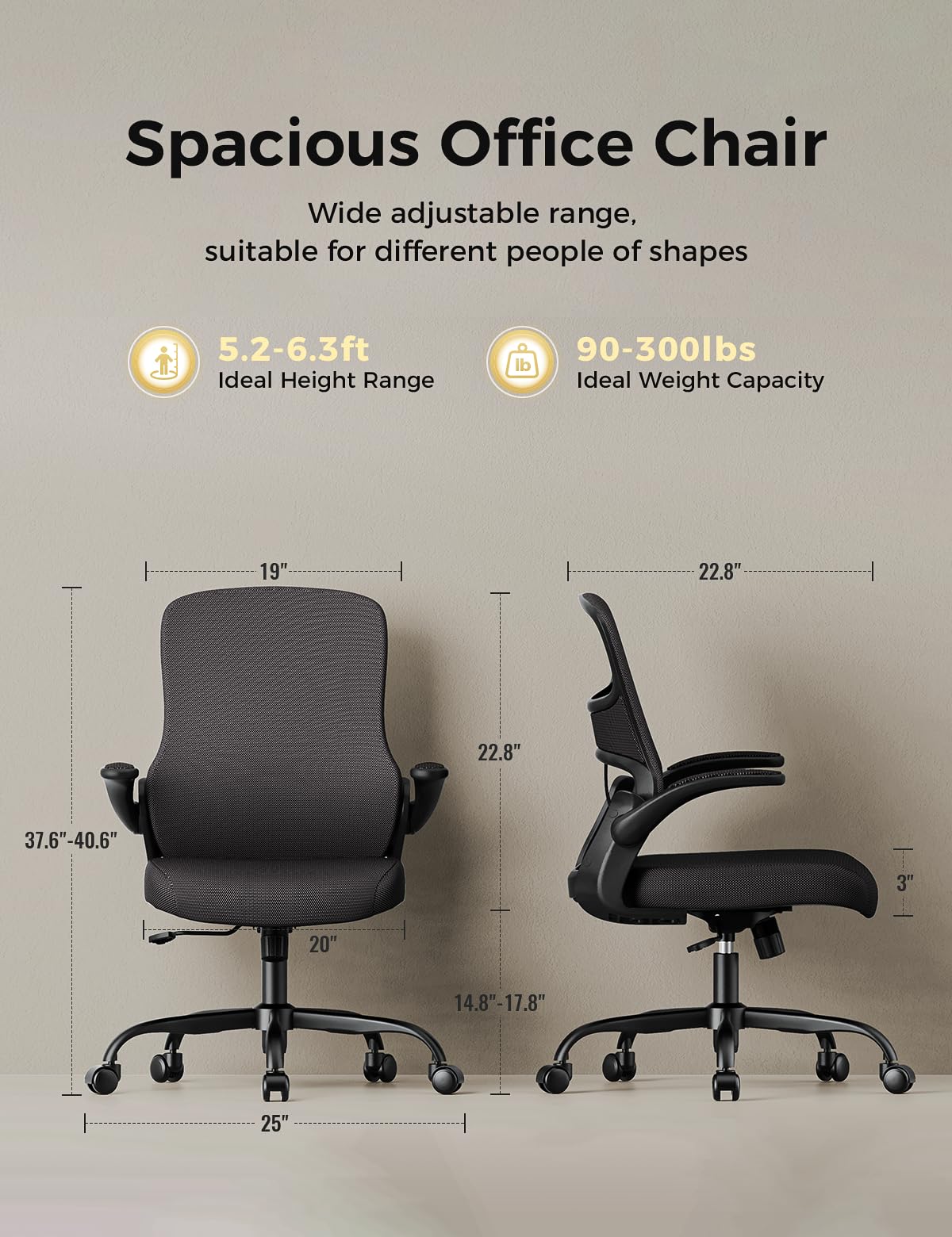 Office Chair, Mesh Ergonomic Desk Chairs, Comfy Computer Chair with Adjustable Height & Flip-up Armrest, Lumbar Support & Swivel Function for Home Office (Black)