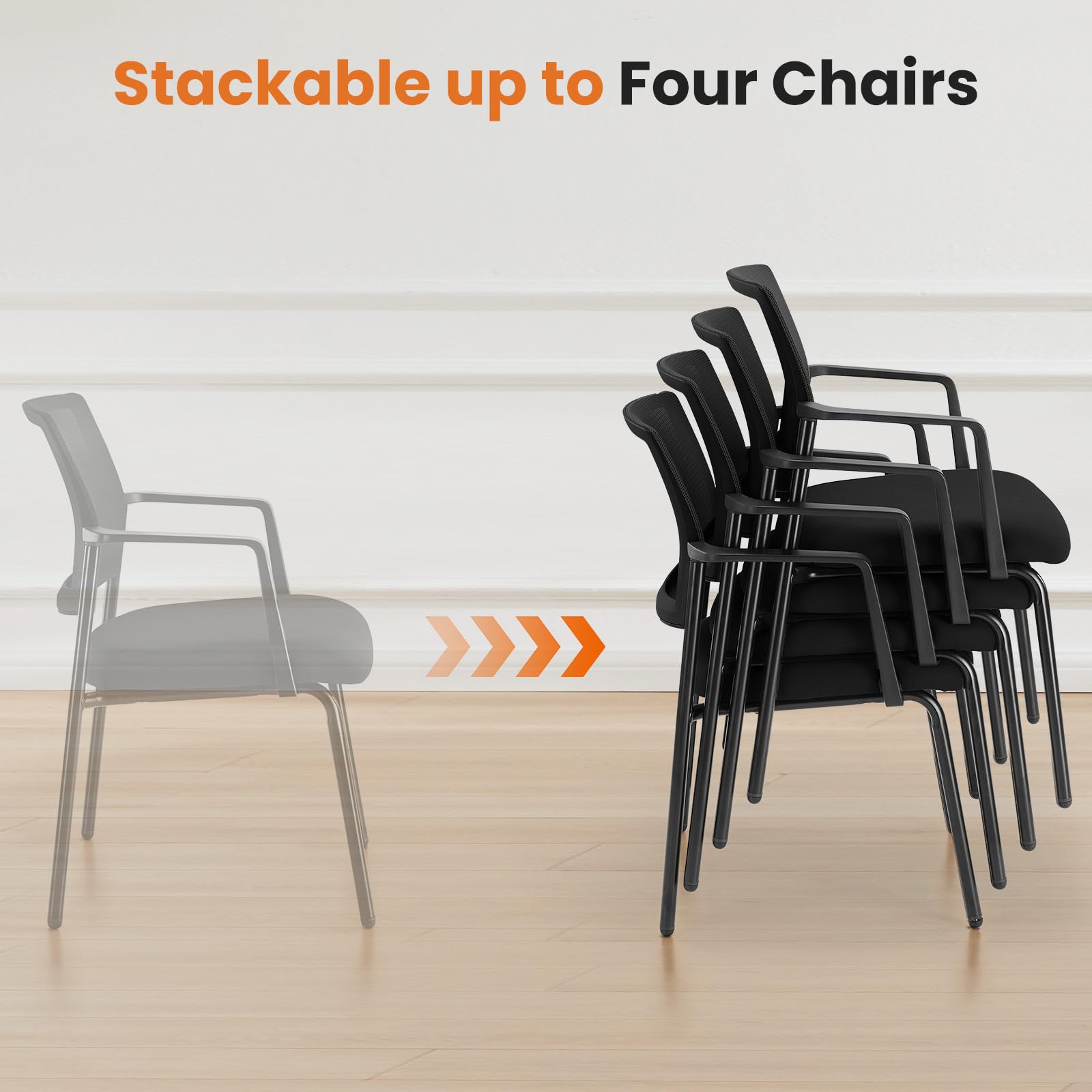 4 Pack Black, Mesh Back Stacking Arm Chairs, Upholstered Fabric Stacking Chairs, Sturdy Metal Office Chairs, Easy to Use and Store, Outdoor and Indoor, for Home, School, Party, Church