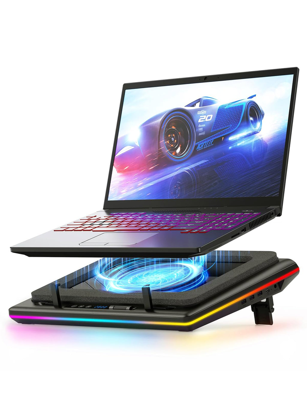 Laptop Cooling Pad, RGB Laptop Cooler, Laptop Cooling Fan Stand with 5.5 Inch Powerful Turbofan, for 15.6-19in Laptop, Adjustable Speed, Dustproof, 3-Port USB Hub, Black (RGB)