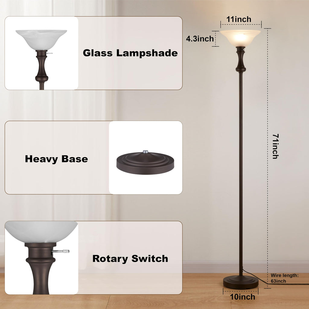 Torchiere Brown Floor Lamp for Living Room with Glass Shade-71IN