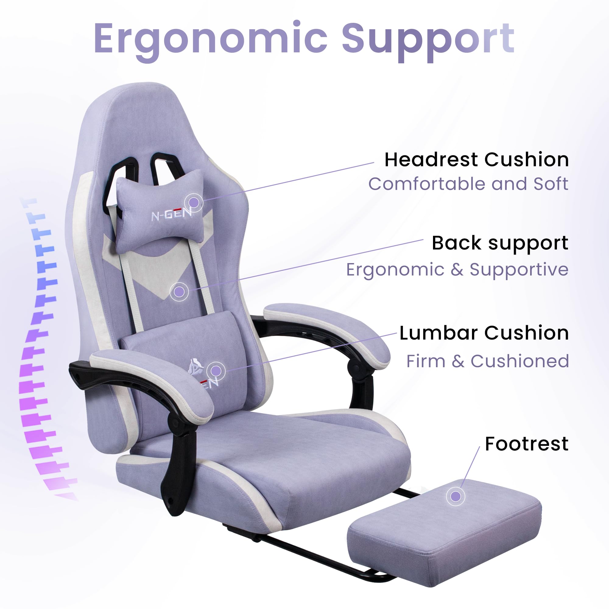 Gaming Chair with Footrest Lumbar Support for Home Office High Back Recliner Height Adjustable Ergonomic Comfy Fabric Computer Desk Chair (Purple)