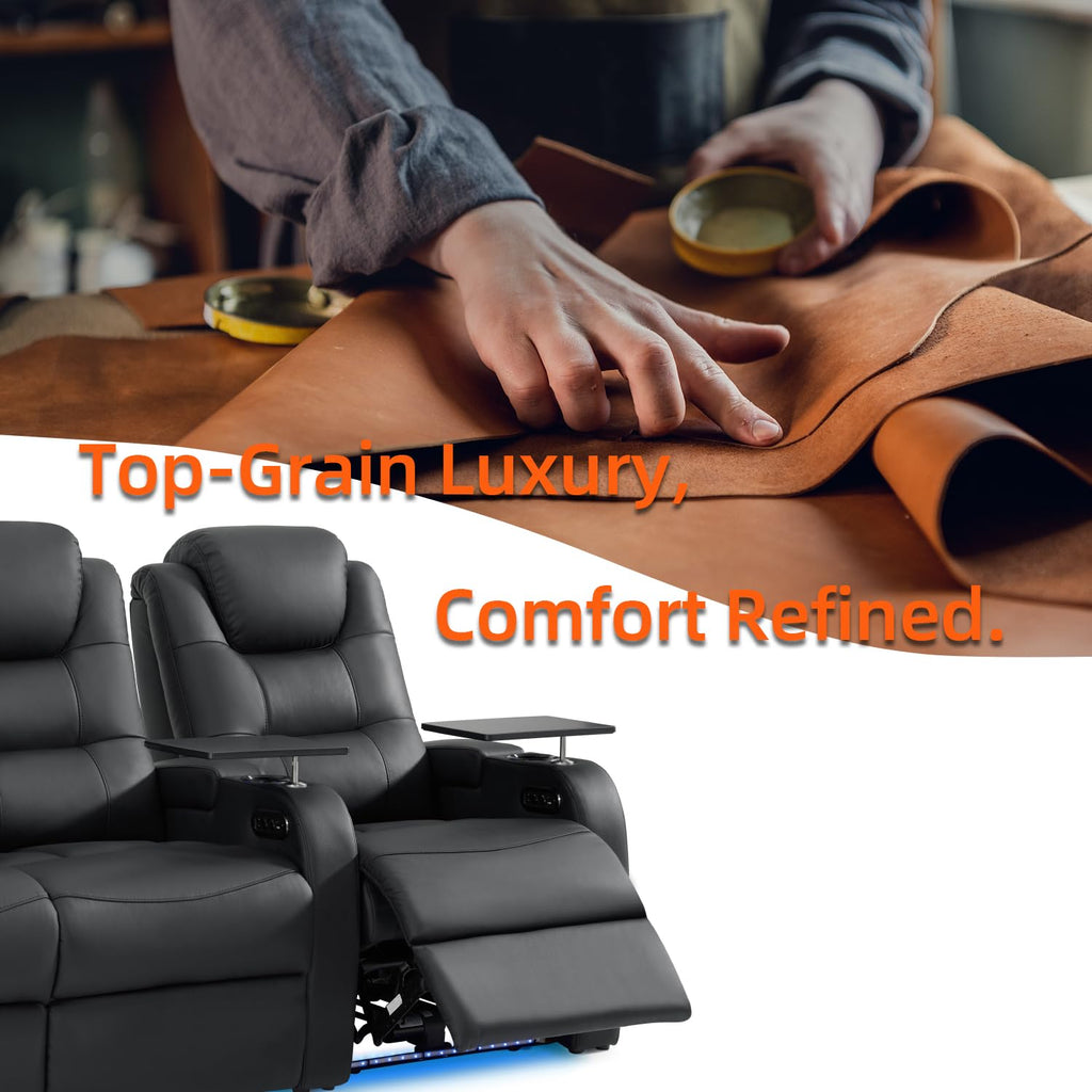 Simple Style Top Grain Nappa Leather Recliners Chair Dual Power Movie Gaming Sofa Chair Electric Headrest with Tray Table Type-C USB Charger (Black, Row of 1)