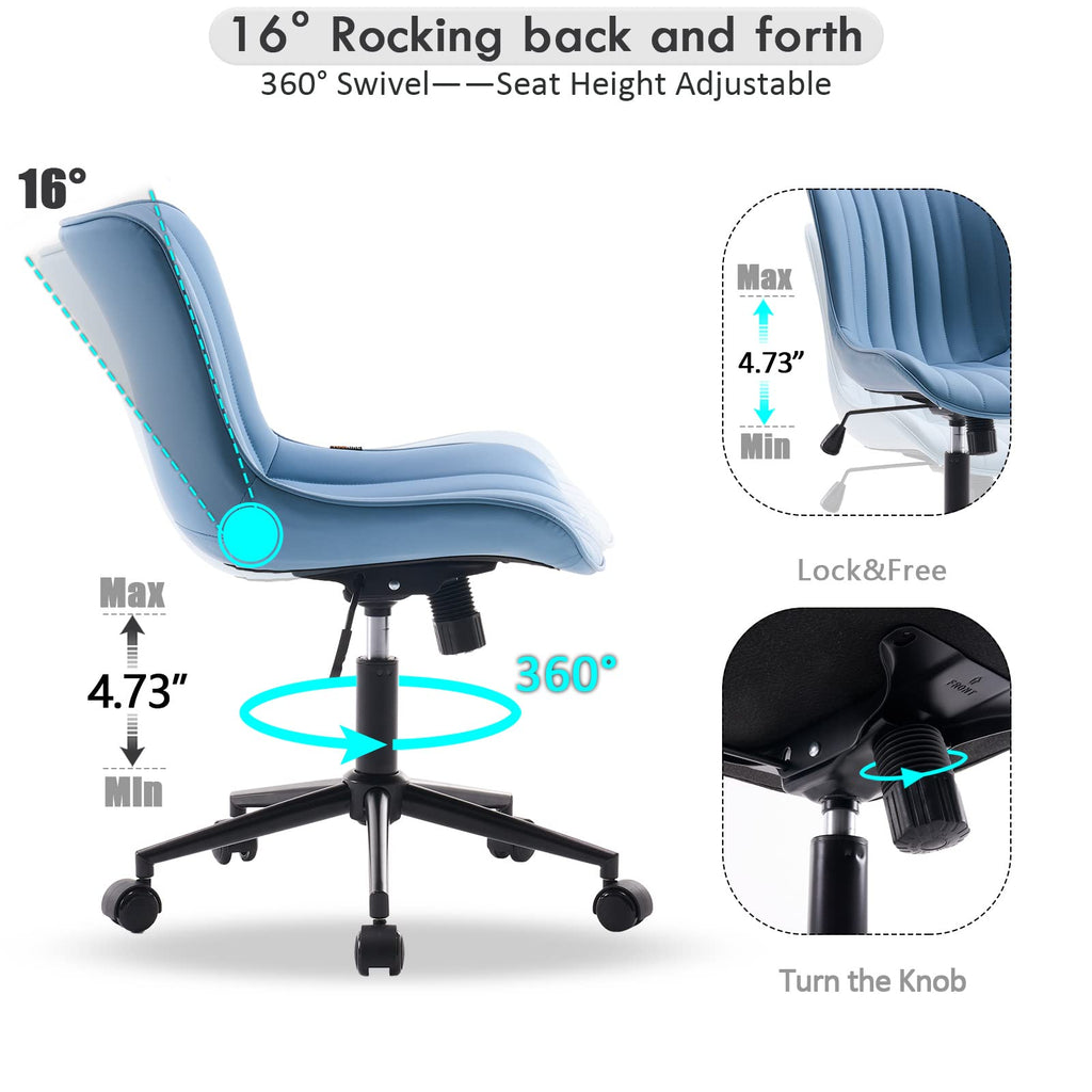 Blue Office Desk Chair with Wheels Comfy Armless Vanity Chair with Back Modern Small Faux Leather Upholstered Rolling Task Chair Cute Computer Drafting Sewing Chair Swivel Adjustable Compact