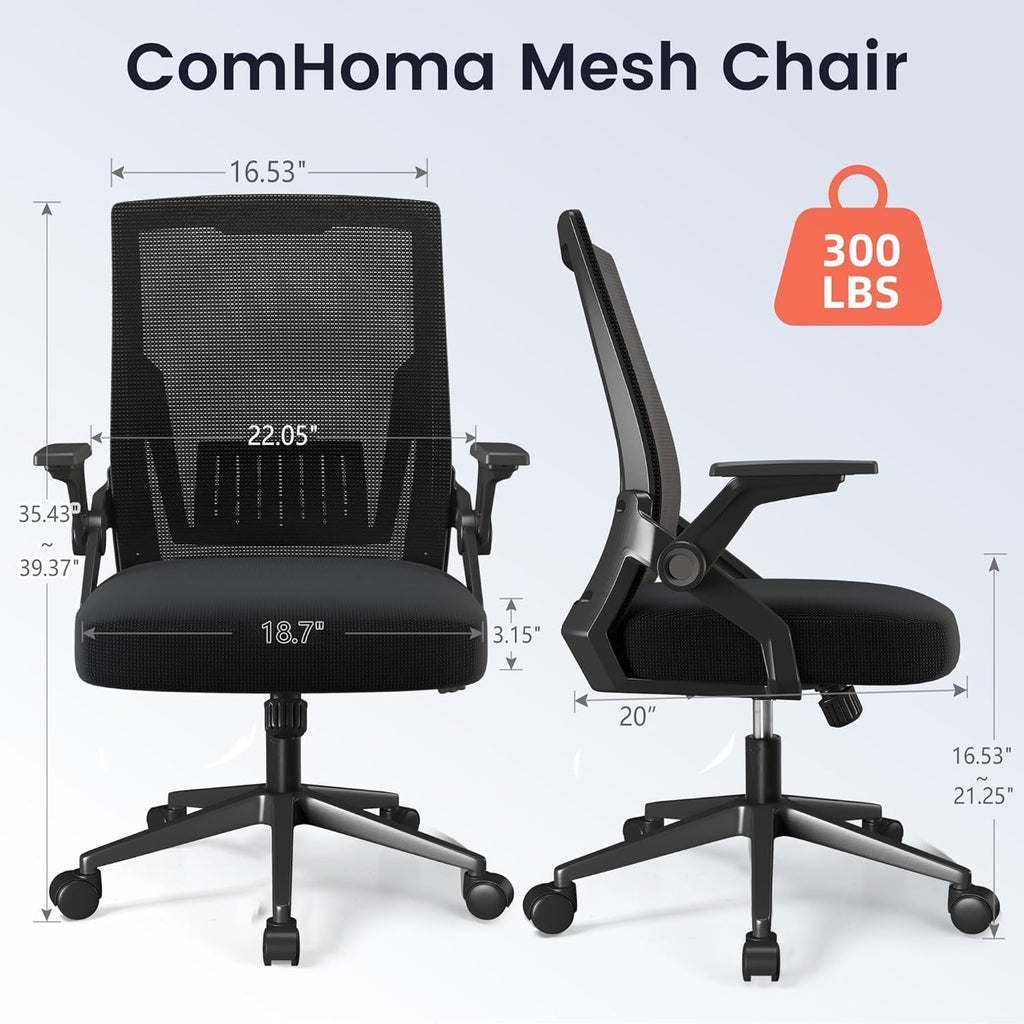Office Chair with Flip-up Armrests Ergonomic Computer Desk Chair with Adaptive Lumbar Support & Breathable Mesh, Black, Pack of 2