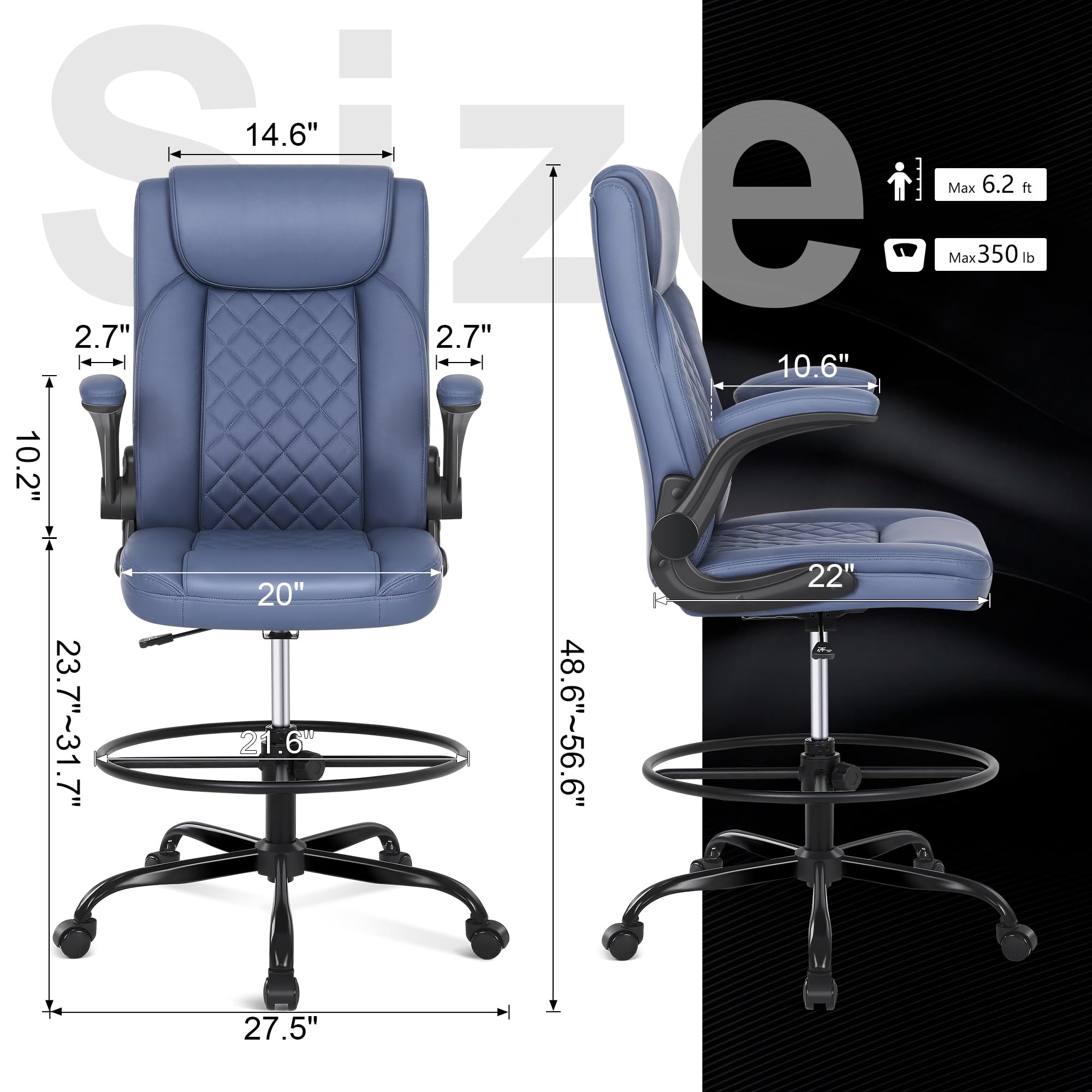 Drafting Chair, Tall Office Chair for Standing Desk, Standing Chair with Adjustable Height and Flip-up Armrest, PU Leather High Office Chair for Counter Height Desk