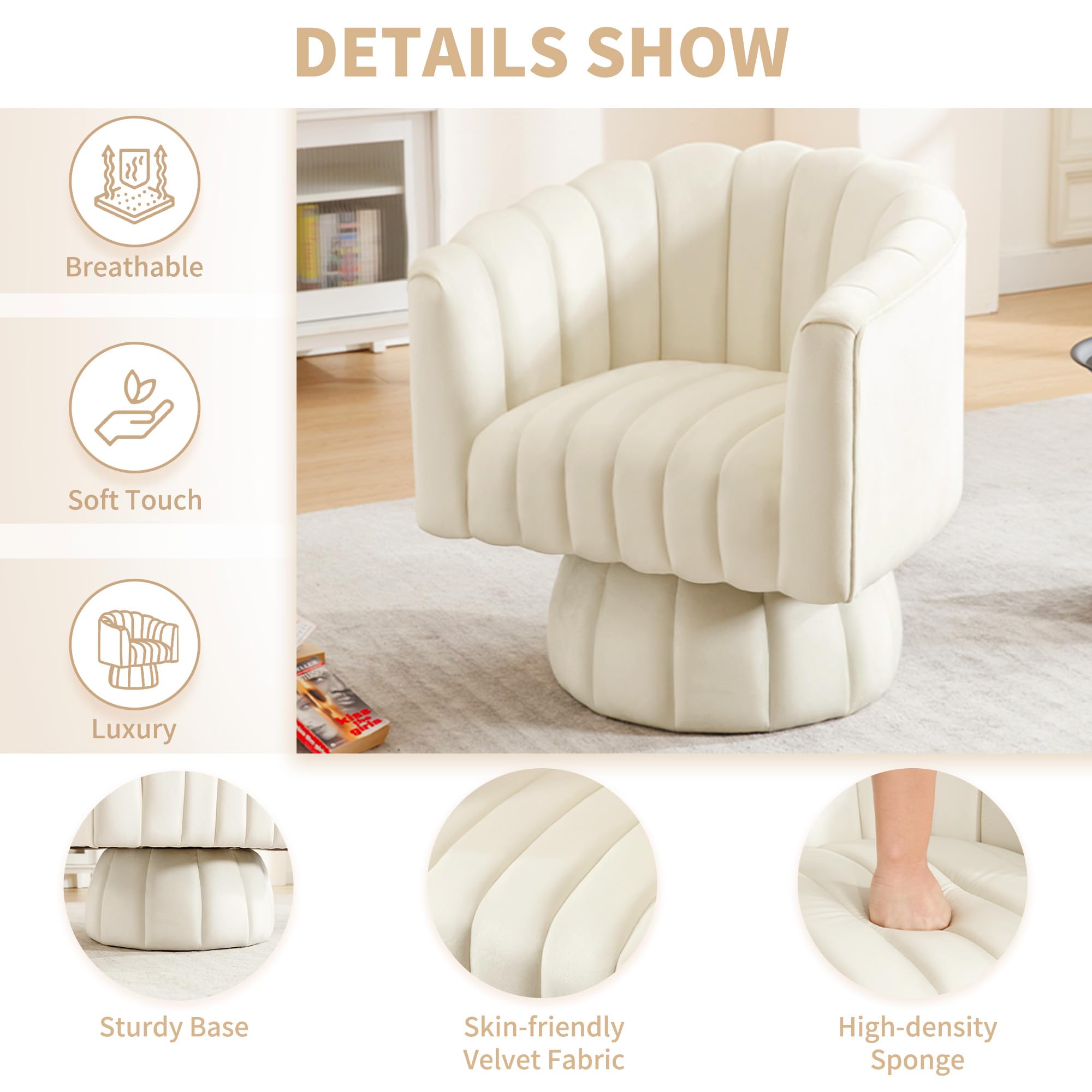 Swivel Accent Barrel Chair - Cute Comfy Small Round 360° Arm Chair Velvet Sofa Club Reading Chair for Office Living Room Bedroom Beige