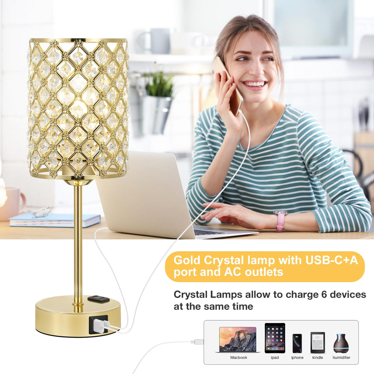 Gold Touch Control Crystal Table Lamp Set of 2, Dimmable Nightstand Lamps