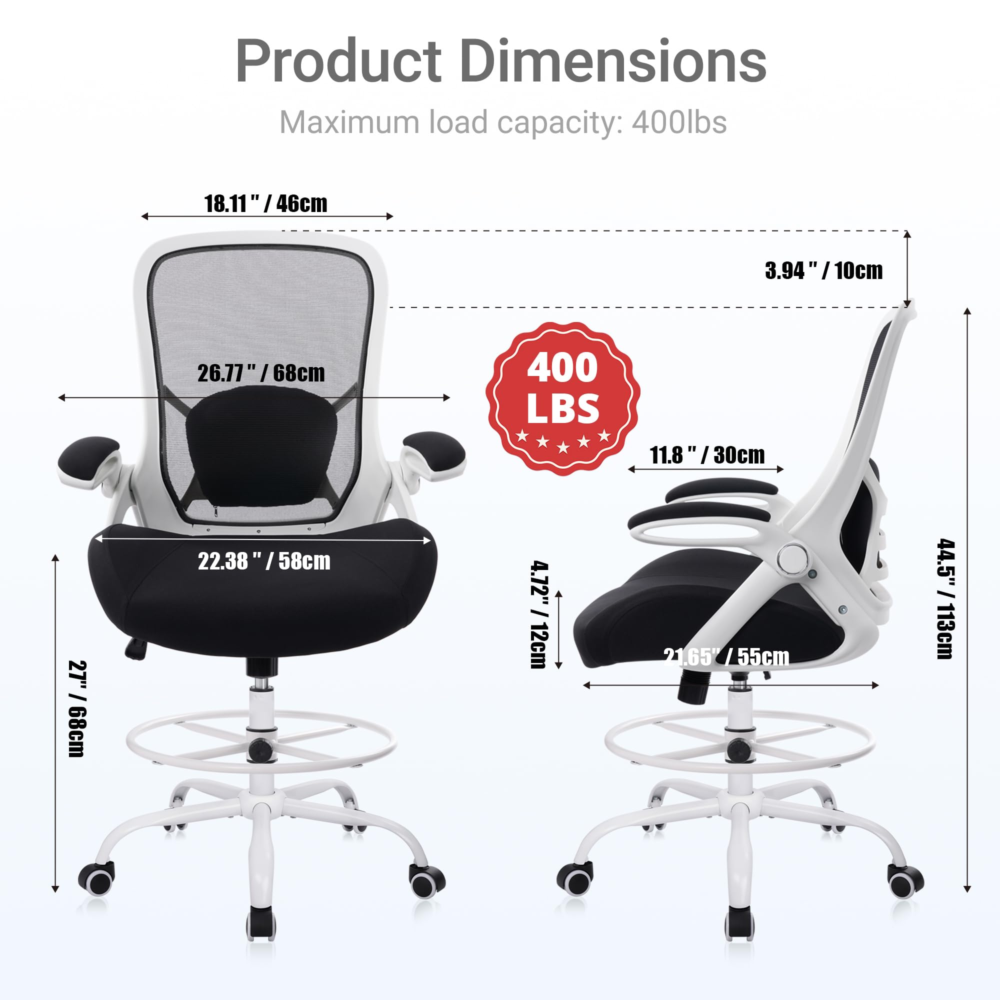 400lbs Heavy Duty Drafting Chair 5" Thickened Seat Office Chair with Flip-Up Armrests Tall Ergonomic Computer Chair with Lumbar Support and Adjustable Footrest Ring Standing Desk Chair (Black)